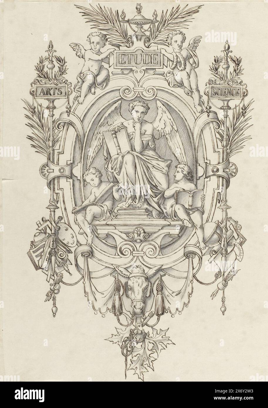 Cartiglio con donna alata e due bambini che leggono. A sinistra del cartiglio è appeso un trofeo con attributi artistici, a destra un trofeo con attributi scientifici. In alto sono le seguenti parole in piccoli cartigli: Arts, Etude e Science., Drawing, Drawing, Drawing: Anonymous, after design by: Anonymous, c. 1866 - c. 1900, tracing paper, drawing, height, 300 mm x width, 216 mm Foto Stock