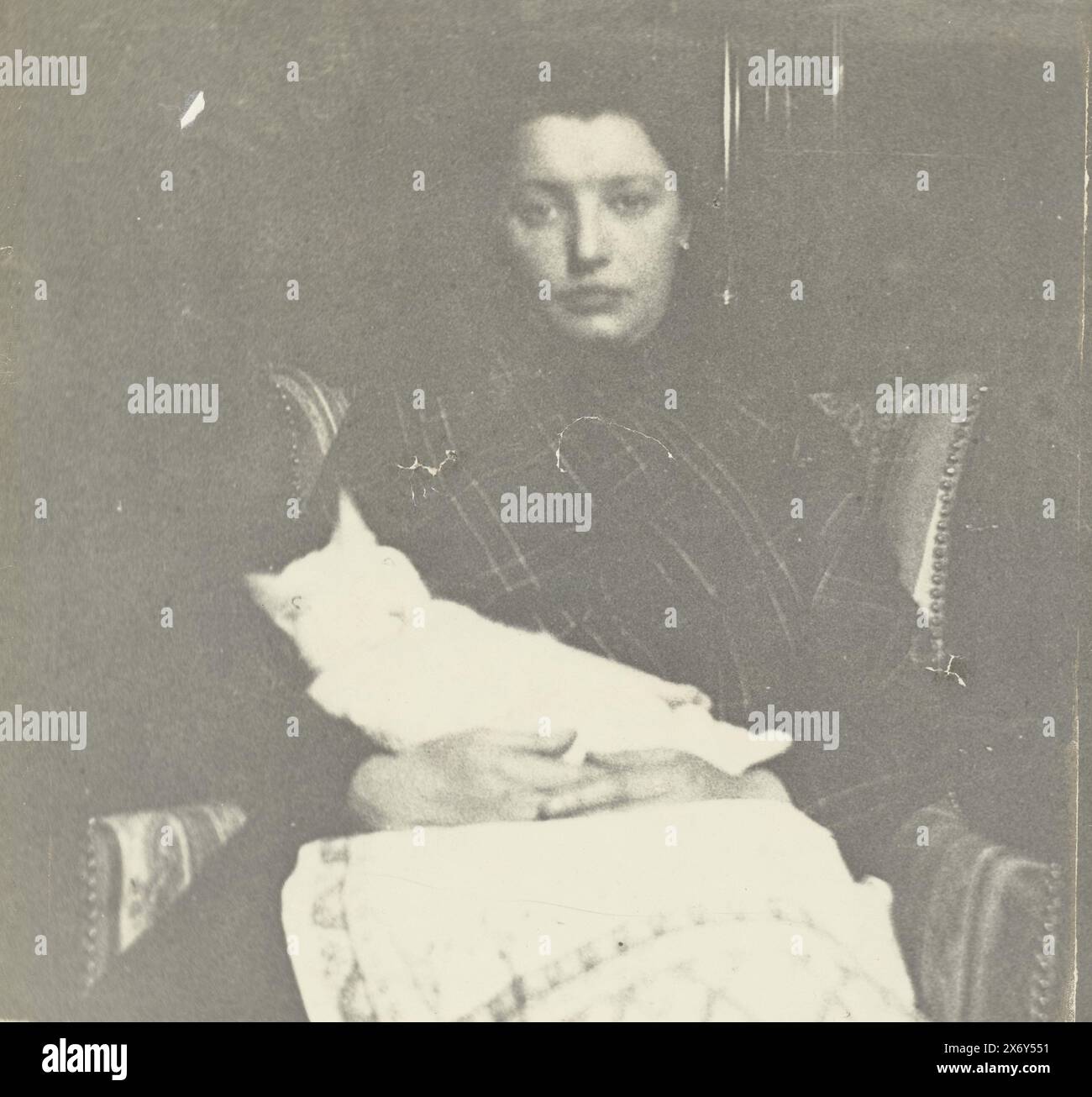 Marie Jordan Breitner with a Cat in Her Lap, Marie Breitner-Jordan with Cat, Fotografia, George Hendrik Breitner, (attribuito a), Amsterdam, c. 1885 - c. 1905, carta, stampa in argento gelatina, altezza, 300 mm x larghezza, 311 mm, altezza, 290 mm x larghezza, 311 mm Foto Stock