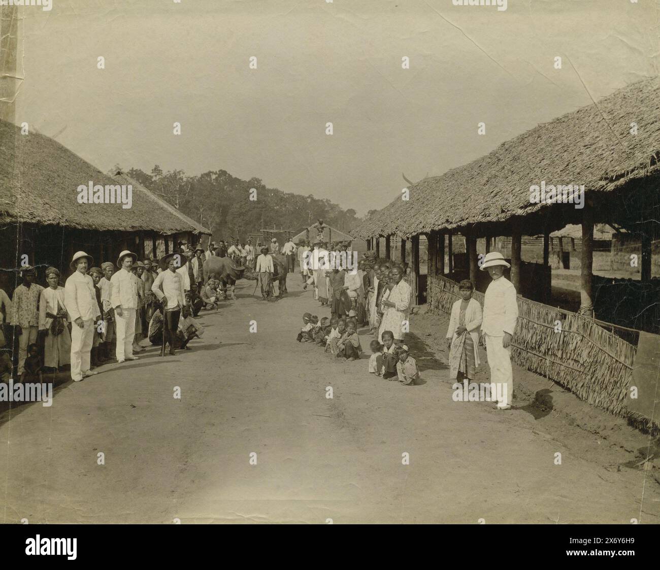 Supervisori e lavoratori a contratto presso la piantagione di caffè Glen Bervie, Langkat, Photography, Heinrich Ernst & Co., (menzionato sull'oggetto), Bindjai Langkat, 1890 - 1900, carta, stampa albume, altezza, 268 mm x larghezza, 340 mm Foto Stock