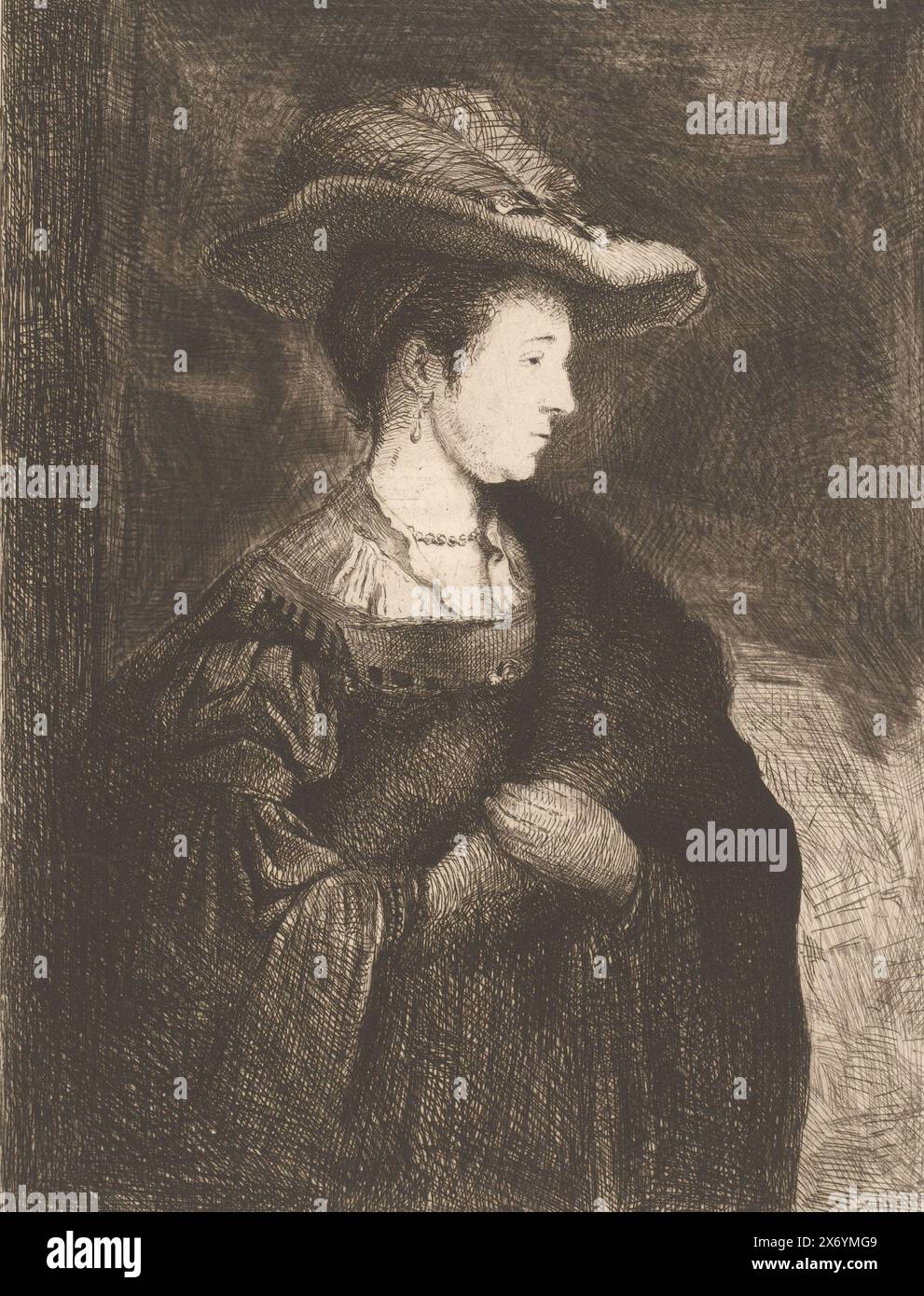 Ritratto di Saskia van Uylenburgh, stampa, stampatore: Piet Verhaert, dopo aver dipinto di: Rembrandt van Rijn, 1884, carta, incisione, altezza, 318 mm x larghezza, 236 mm Foto Stock