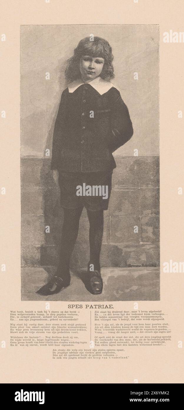 Standing boy, Spes patriae (titolo sull'oggetto), stampa, tipografo: Auguste Tilly, (menzionato sull'oggetto), 1850 - 1898, carta, incisione su legno, altezza, 523 mm x larghezza, 360 mm Foto Stock