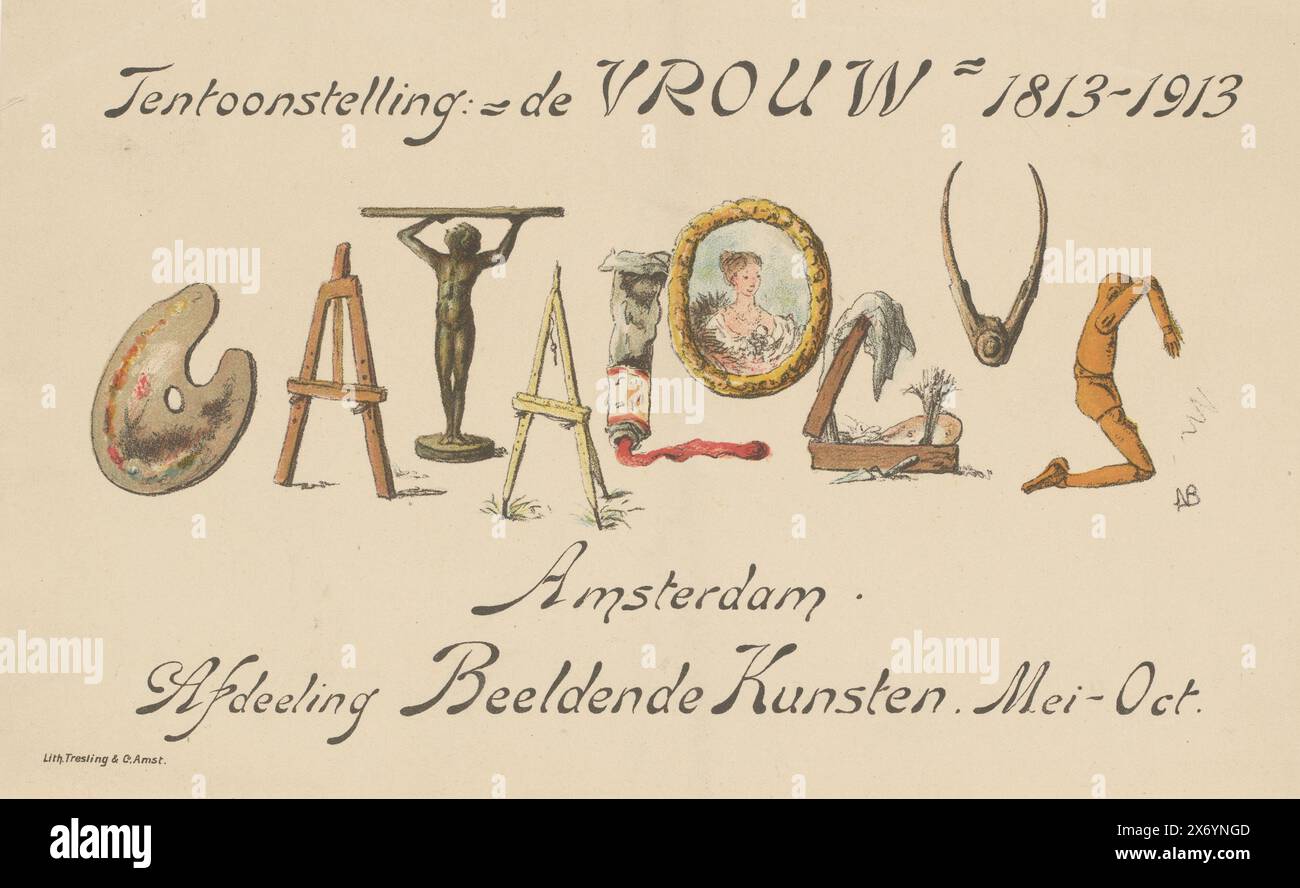 Scheda di annuncio della mostra "The Woman, 1813-1913" (titolo sull'oggetto), testo con "catalogo" scritto al centro negli attributi del pittore., stampa, tipografo: Nelly Bodenheim, (firmato dall'artista), tipografo: trefolo e comp., (indicato sull'oggetto), in o prima del 1913, carta, altezza, 122 mm x larghezza, 210 mm, altezza, 143 mm x larghezza, 238 mm Foto Stock