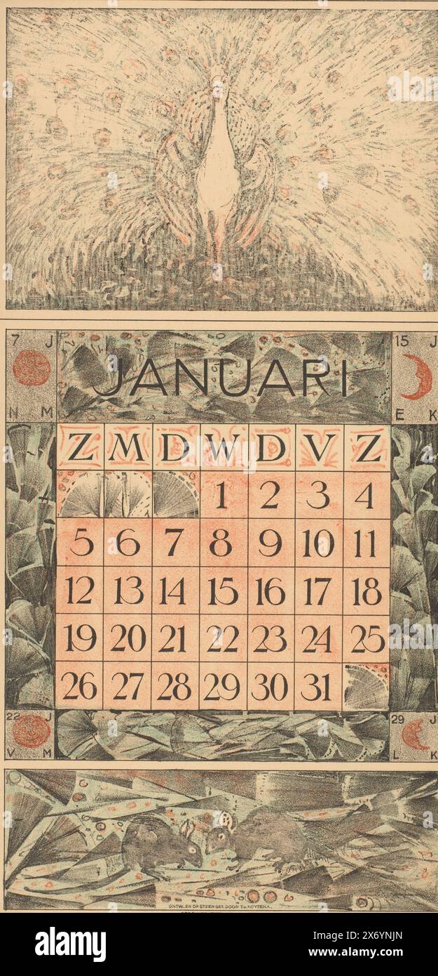 Foglio di calendario per gennaio 1913 con un pavone bianco, due topi in fondo al foglio., stampa, stampatore: Theo van Hoytema, (menzionato sull'oggetto), su disegno personale di: Theo van Hoytema, (menzionato sull'oggetto), stampante: Tresling & Com., (menzionato sull'oggetto), Amsterdam, 1912, carta, altezza, 418 mm x larghezza, 212 mm Foto Stock