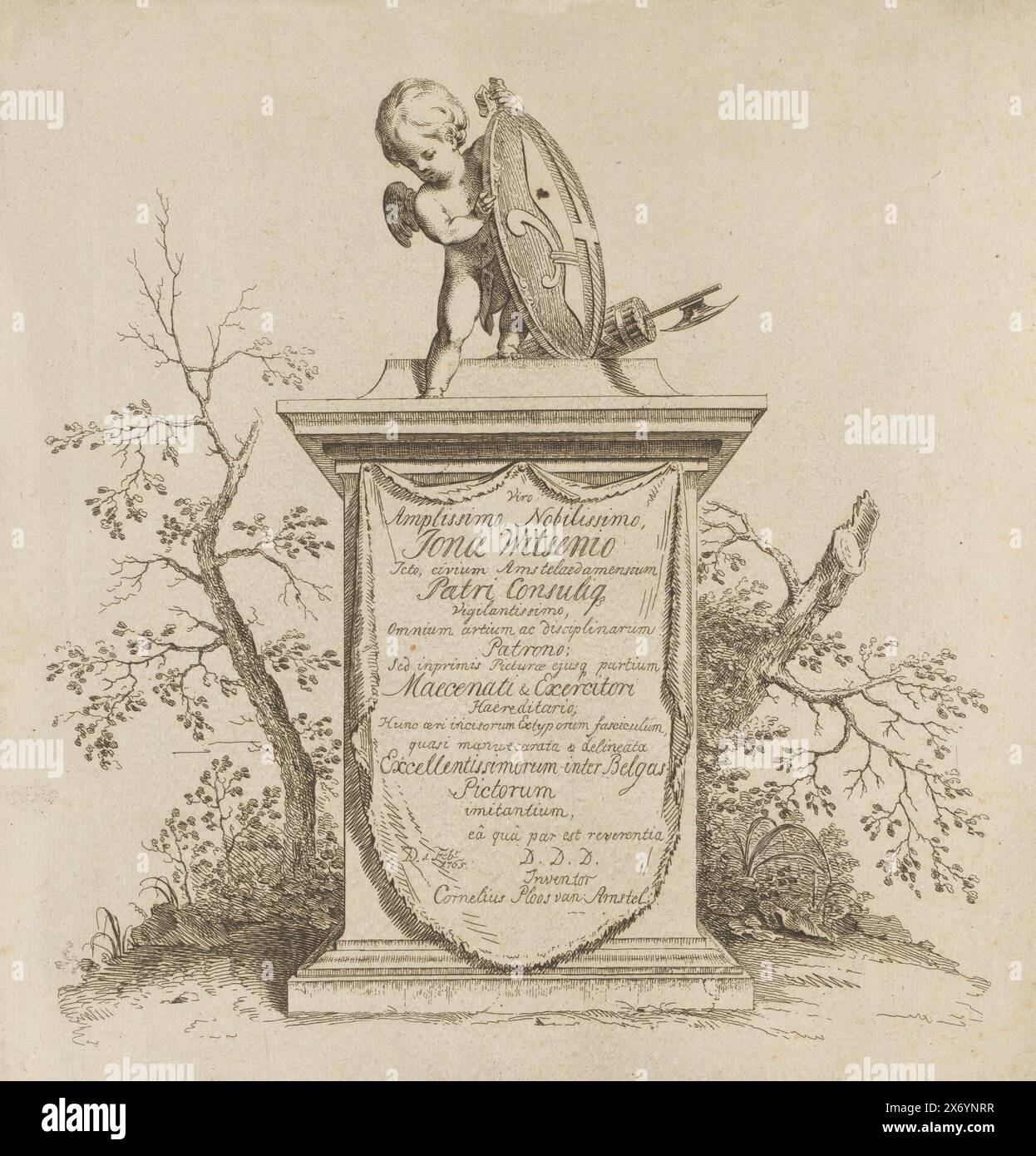 Putto in piedi su un monumento con una dedica a Jonas Witsen, putto in piedi con uno stemma su un monumento con una dedica al sindaco di Amsterdam Jonas Witsen. Questa è la stampa del titolo della collezione di disegni stampati realizzati da Cornelis Ploos van Amstel dopo vari disegni di vecchi maestri. La stampa è sciolta nell'album, vedi pagina 1., stampa, stampatore: Cornelis Ploos van Amstel, su disegno di: Cornelis Ploos van Amstel, (menzionato sull'oggetto), Cornelis Ploos van Amstel, (menzionato sull'oggetto), Amsterdam, 1765, carta, incisione, altezza, 253 mm x larghezza, 241 mm Foto Stock