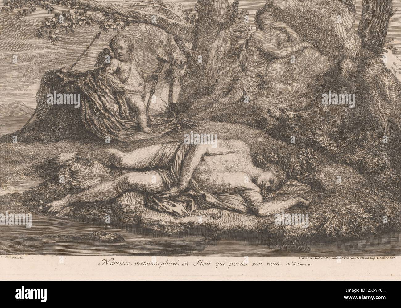 Narciso e Echo, Narcissus metamorphosé en fleur qui porte son nom (titolo sull'oggetto), stampa, stampatore: Gérard Audran, stampatore: Benoît Audran (i), stampatore: Jean Audran, stampatore: Francia, stampatore: Francia, stampatore: Francia, stampatore: Francia, editore: Parigi, 1650 - 1756, carta, incisione, incisione, altezza, 317 mm x larghezza, 465 mm Foto Stock