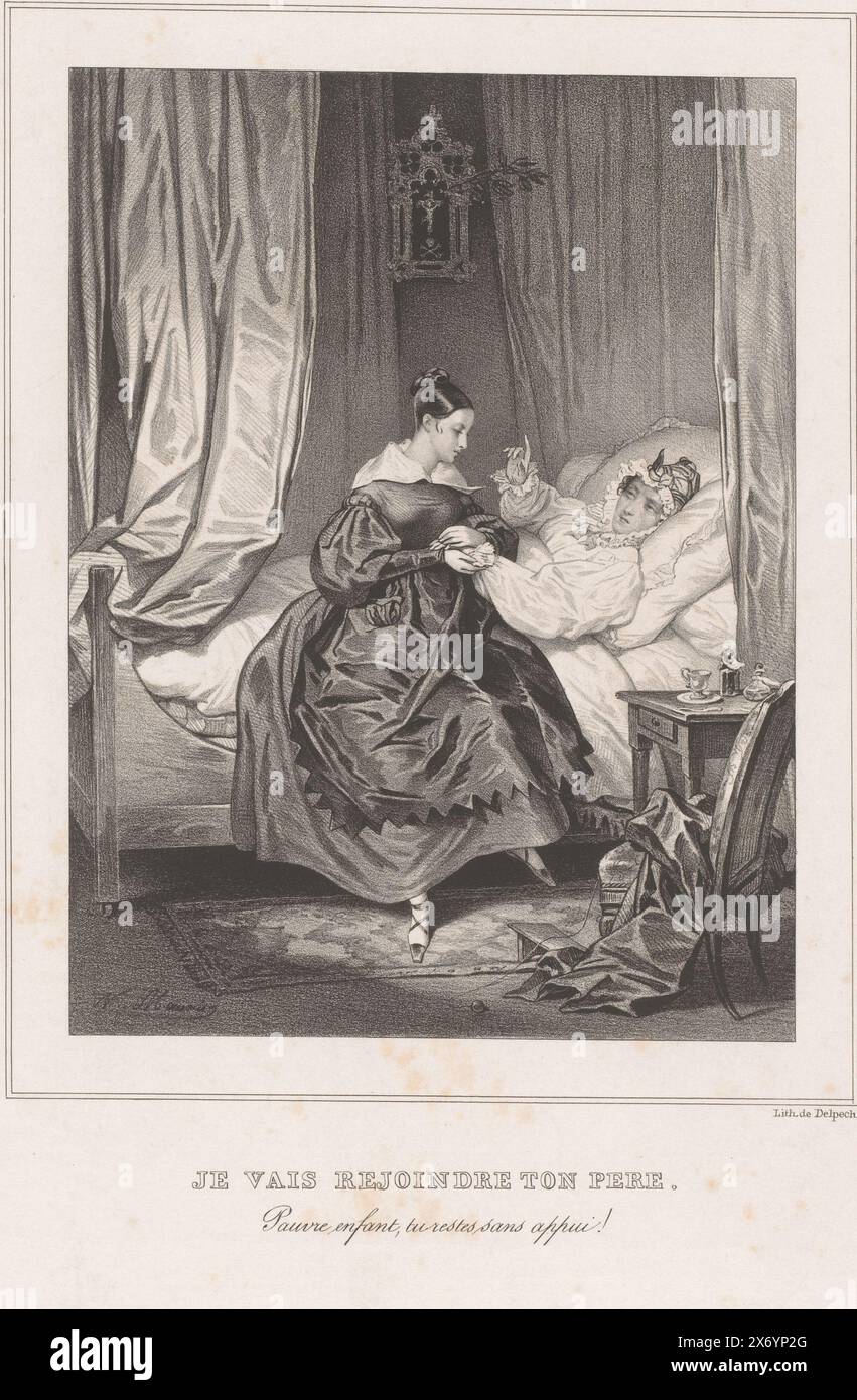 Clara sul letto di morte di sua madre, Je vais rejoindre ton pere. Pauvre enfant, tu riposa sans appui! (Titolo su oggetto), ingannato Clara o relazioni rischiose (titolo della serie), Clara trompée ou les liaisons dangereuses (titolo della serie), la storia è basata sul libro "Les liaisons dangereuses" di Pierre Choderlos de Laclos., stampa, stampatore: Nicolas Maurin, (menzionato sull'oggetto), stampante: veuve Delpech (Naudet), Parigi, 1825 - 1842, carta, altezza, 423 mm x larghezza, 285 mm Foto Stock