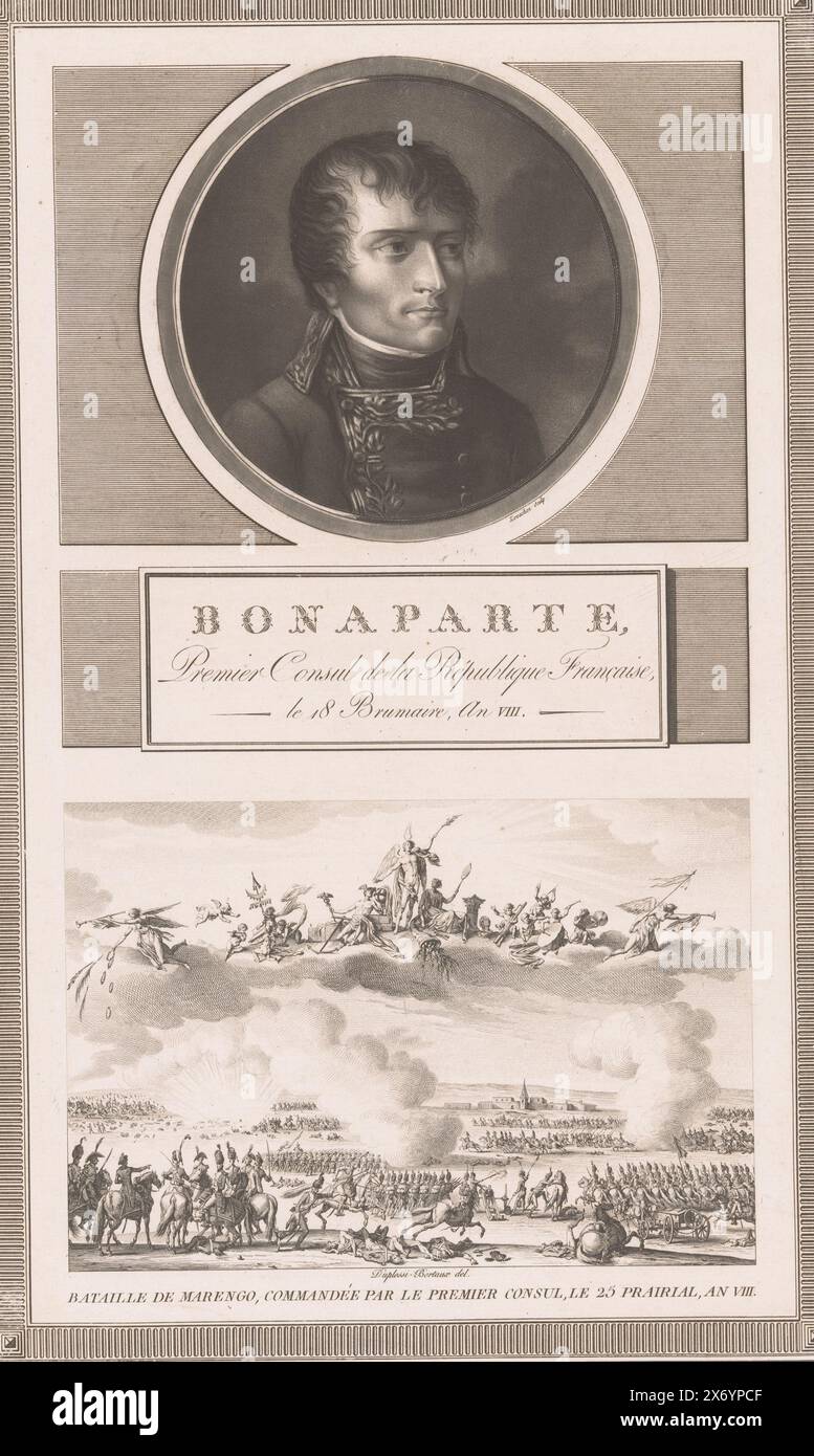 Ritratto di Napoleone i Bonaparte sopra la battaglia di Marengo, stampa, tipografo: Charles Francois Gabriel Levachez, (menzionato sull'oggetto), dopo disegno di: Jean Duplessis-Bertaux, (menzionato sull'oggetto), editore: Auber, (menzionato sull'oggetto), Parigi, 1800 - c. 1820, carta, incisione, altezza, 378 mm x larghezza, 237 mm Foto Stock