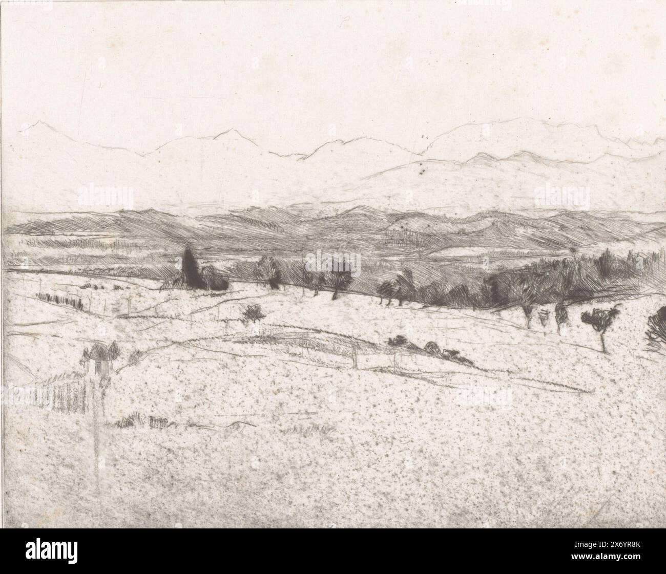 Paesaggio collinare, probabilmente vicino a Ebenhausen, vicino a Monaco., stampa, stampatore: Paul Herrmann, (firmato dall'artista), 1912, carta, incisione, altezza, 199 mm x larghezza, 249 mm Foto Stock