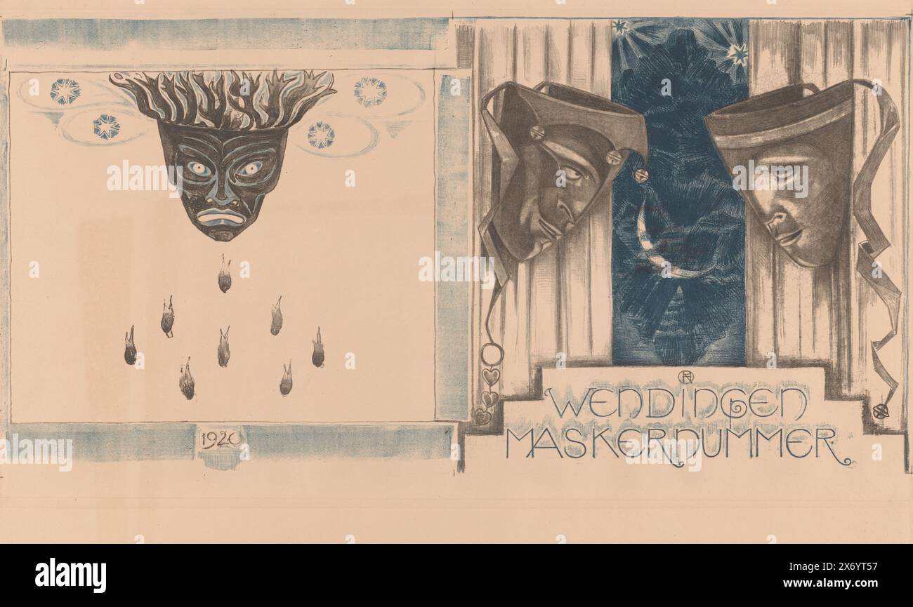 Design della copertina per: Wendingen, Maskernummer, 1920, a sinistra una maschera con bocca aperta. La maschera ha quattro stelle e otto fiamme. Sulla destra due maschere di un giullare. Tra le maschere del giullare una vista di un cielo notturno con due stelle e la luna che si restringe., stampa, stampatore: Richard Nicolaüs Roland Holst, (menzionato sull'oggetto), 1920, carta, altezza, 480 mm x larghezza, 650 mm Foto Stock