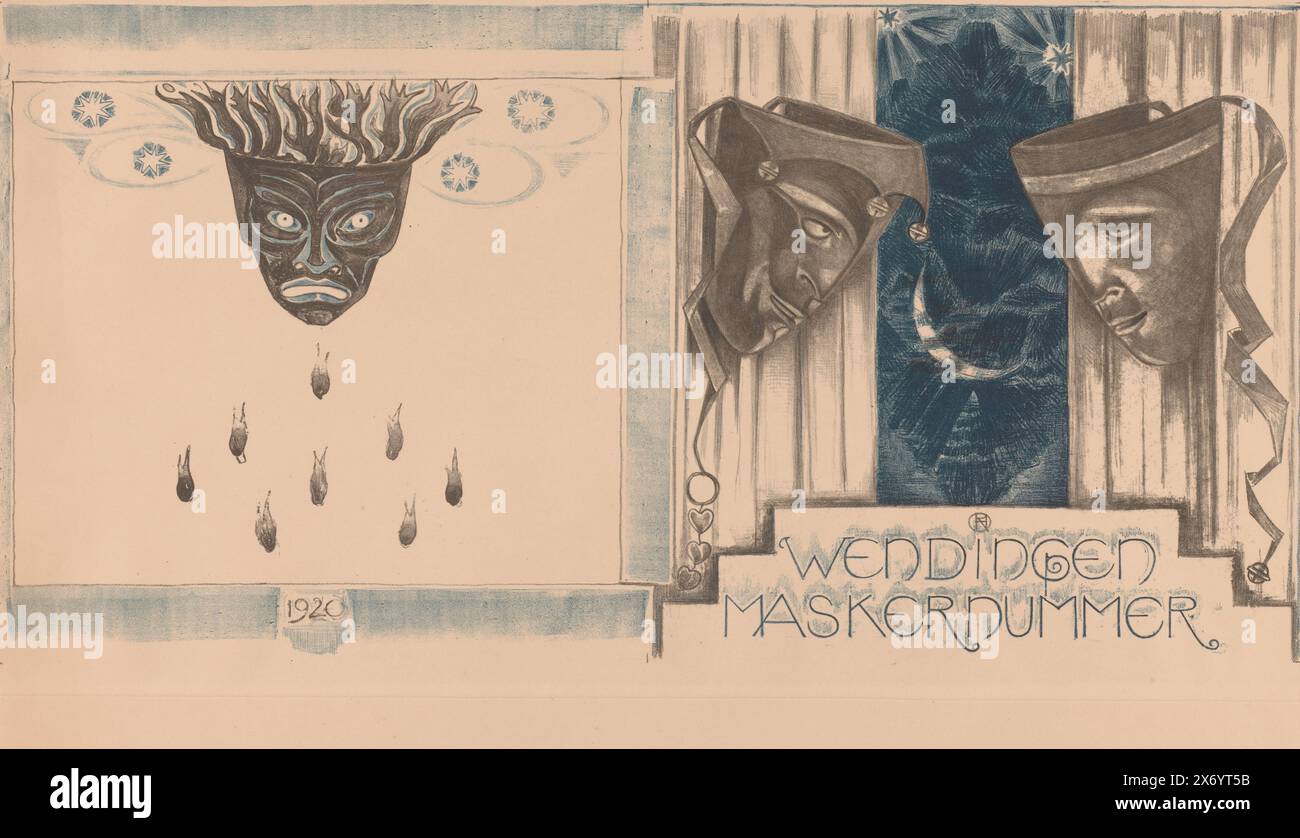 Design della copertina per: Wendingen, Maskernummer, 1920, a sinistra una maschera con bocca aperta. La maschera ha quattro stelle e otto fiamme. Sulla destra due maschere di un giullare. Tra le maschere del giullare una vista di un cielo notturno con due stelle e la luna che si restringe., stampa, stampatore: Richard Nicolaüs Roland Holst, (menzionato sull'oggetto), 1920, carta, altezza, 480 mm x larghezza, 645 mm Foto Stock