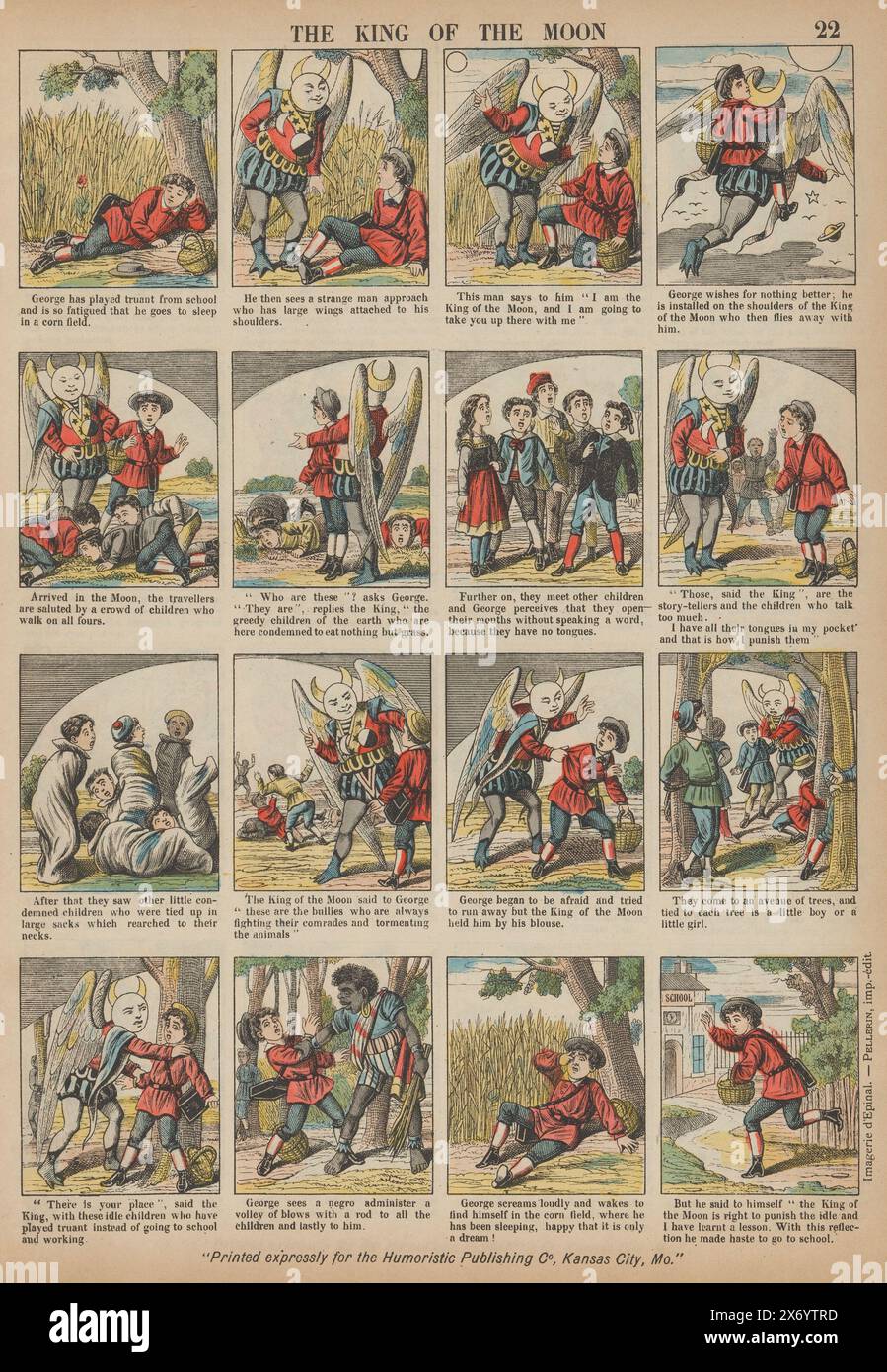Truant George e il re della luna, il re della luna (titolo sull'oggetto), Fairy Tales (titolo della serie), Contes des fées (titolo della serie), Sheet with sedici performances about the Nightmare of Truant George. Una didascalia in inglese sotto ogni performance. Questa stampa fa parte di un album., stampa, editore: Imagerie d'Epinal - Pellerin, (menzionato sull'oggetto), stampatore: Anonimo, stampante: Imagerie d'Epinal - Pellerin, (menzionato sull'oggetto), editore: Épinal, stampante: Épinal, Kansas City (Missouri), 1893 - 1894, carta, stampa intestata, altezza, 399 mm x larghezza, 295 mm Foto Stock