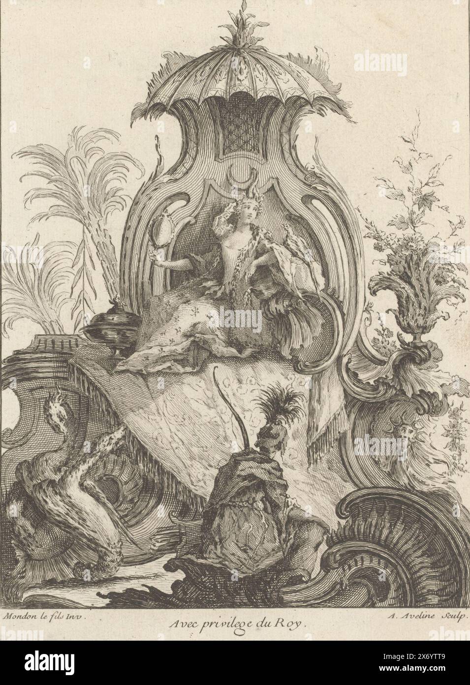Rocaille con un soldato inginocchiato di fronte a una donna sul trono, quarta serie di perline, figure e draghi cinesi (titolo della serie), Quatrième Livre de Formes ornées de Rocailles (...) et Dragons Chinois (titolo della serie), questa serie è numerata in alto a sinistra con una lettera D. la stampa fa parte di un album., stampa, stampatore: Antoine Aveline, (menzionato sull'oggetto), dopo il design di: Francesco-Thomas Mondon, (menzionato sull'oggetto), Lodewijk XV (koning van Frankrijk), (menzionato sull'oggetto), Francia, 1736, carta, incisione, altezza, 231 mm x larghezza, 177 mm Foto Stock