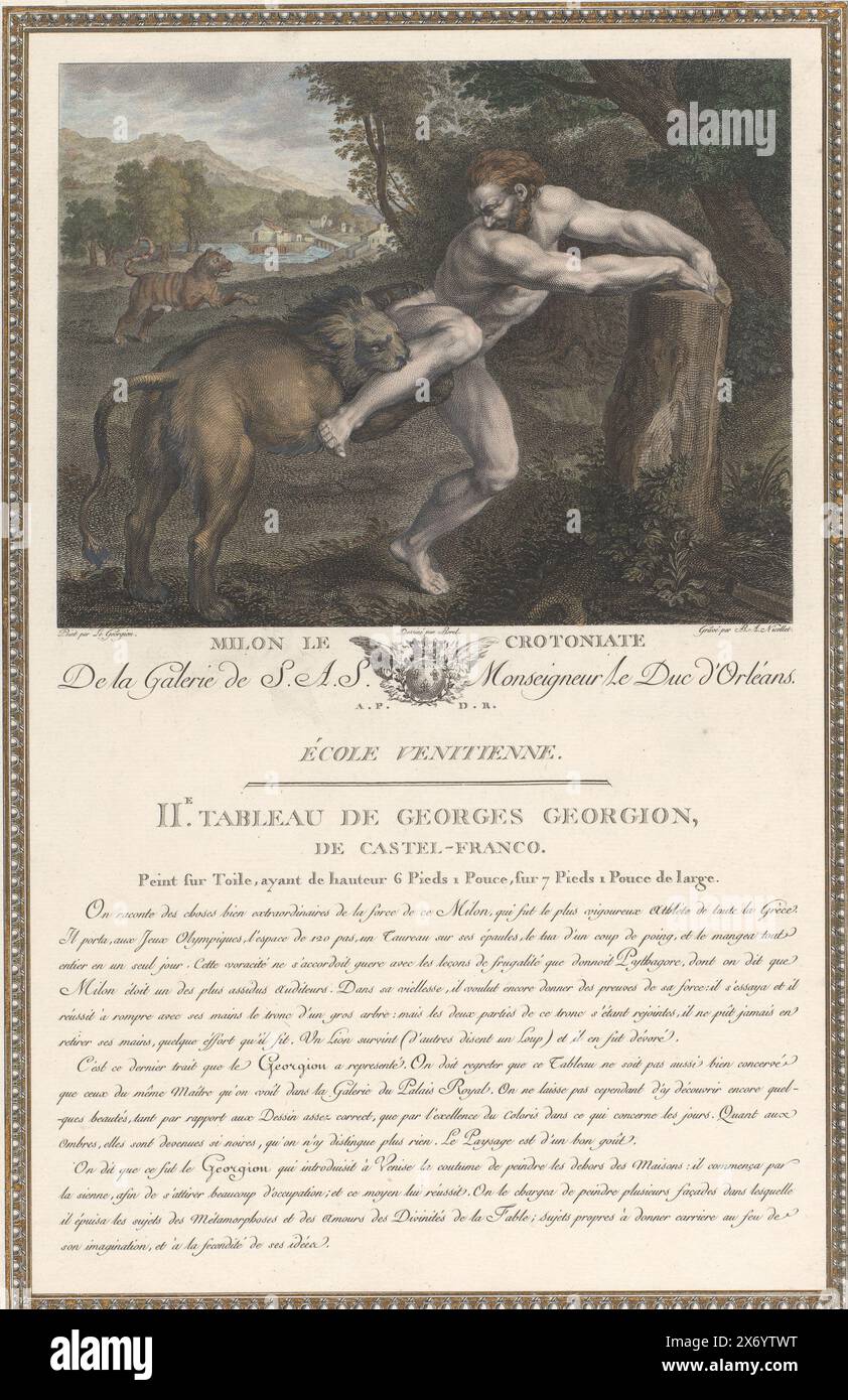 Milo di Crotone attaccato da un leone, Milon le Crotoniate (titolo sull'oggetto), dipinti della collezione del Duca d'Orleans (titolo della serie), la Galerie du Palais Royal (titolo della serie), stampa, tipografo: Bénédict Alphonse Nicolet, (menzionato sull'oggetto), dopo il disegno di: Antoine Borel, (menzionato sull'oggetto), dopo aver dipinto di: Giorgione, (menzionato sull'oggetto), 1786 - 1808, carta, incisione, incisione, altezza, 416 mm x larghezza, 298 mm Foto Stock