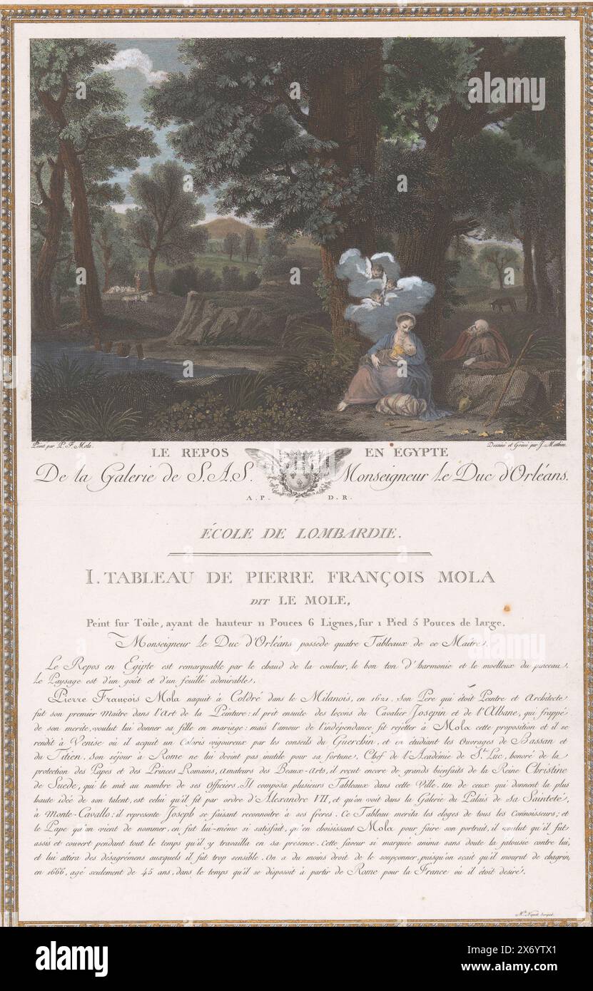 Riposa durante il volo in Egitto, le repos en Egypt (titolo sull'oggetto), dipinti della collezione del Duca d'Orleans (titolo della serie), la Galerie du Palais Royal (titolo della serie), stampa, tipografo: Jean Mathieu, (menzionato sull'oggetto), tipografo: Mademoiselle Niquet, (menzionato sull'oggetto), su disegno personale di: Jean Mathieu, (menzionato sull'oggetto), stampatore: Francia, editore: Parigi, 1786 - 1808, carta, incisione, incisione, altezza, 426 mm x larghezza, 267 mm Foto Stock