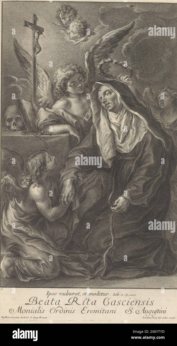 Santa Rita in ecstasy, Beata Rita Gasciensis (titolo sull'oggetto), Giobbe. 5. La stampa fa parte di un album., stampa, stampatore: Jakob Frey (i), (menzionato sull'oggetto), dopo il disegno di: Jakob Frey (i), (menzionato sull'oggetto), dopo aver dipinto di: Giacinto Brandi, (menzionato sull'oggetto), Roma, 1736, carta, incisione, altezza, 400 mm x larghezza, 235 mm Foto Stock