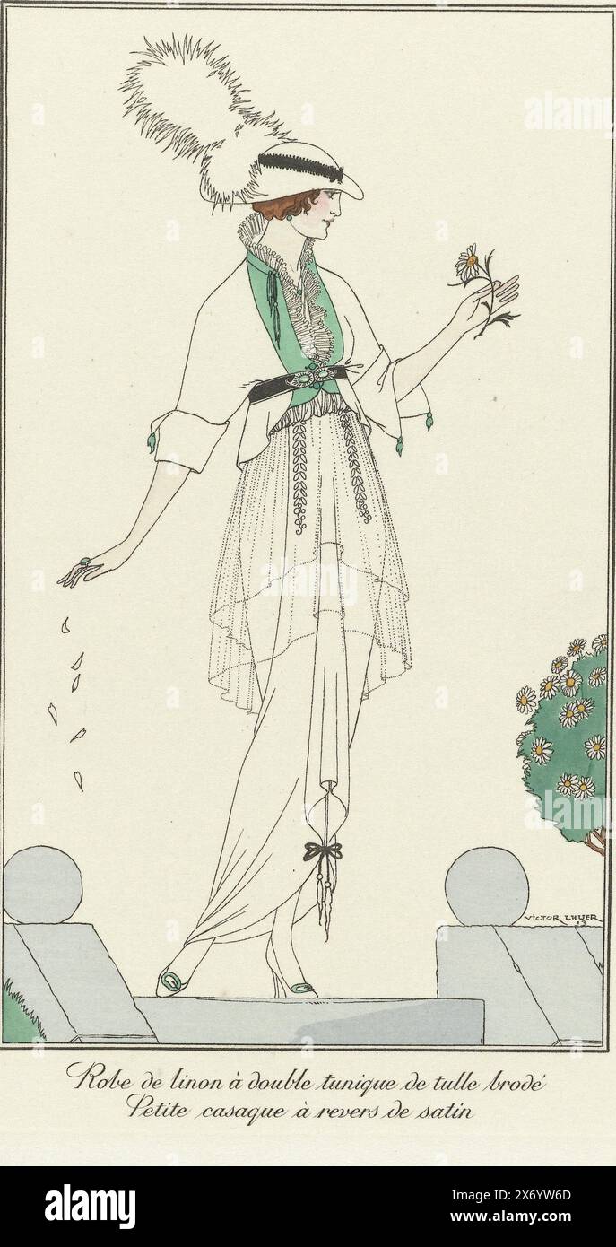 Journal des Dames et des Modes, Costumes Parisiens, 1913, No. 102: Robe de linon (...), abito di lino pregiato e doppia tunica di tulle ricamato. Piccola "casaque" con revers in raso. Stampa dalla rivista di moda Journal des Dames et des Modes (1912-1914)., dopo il disegno di: Victor Lhuer, (menzionato sull'oggetto), stampatore: Anonimo, Parigi, 1913, carta, incisione, altezza, 175 mm x larghezza, 107 mm Foto Stock