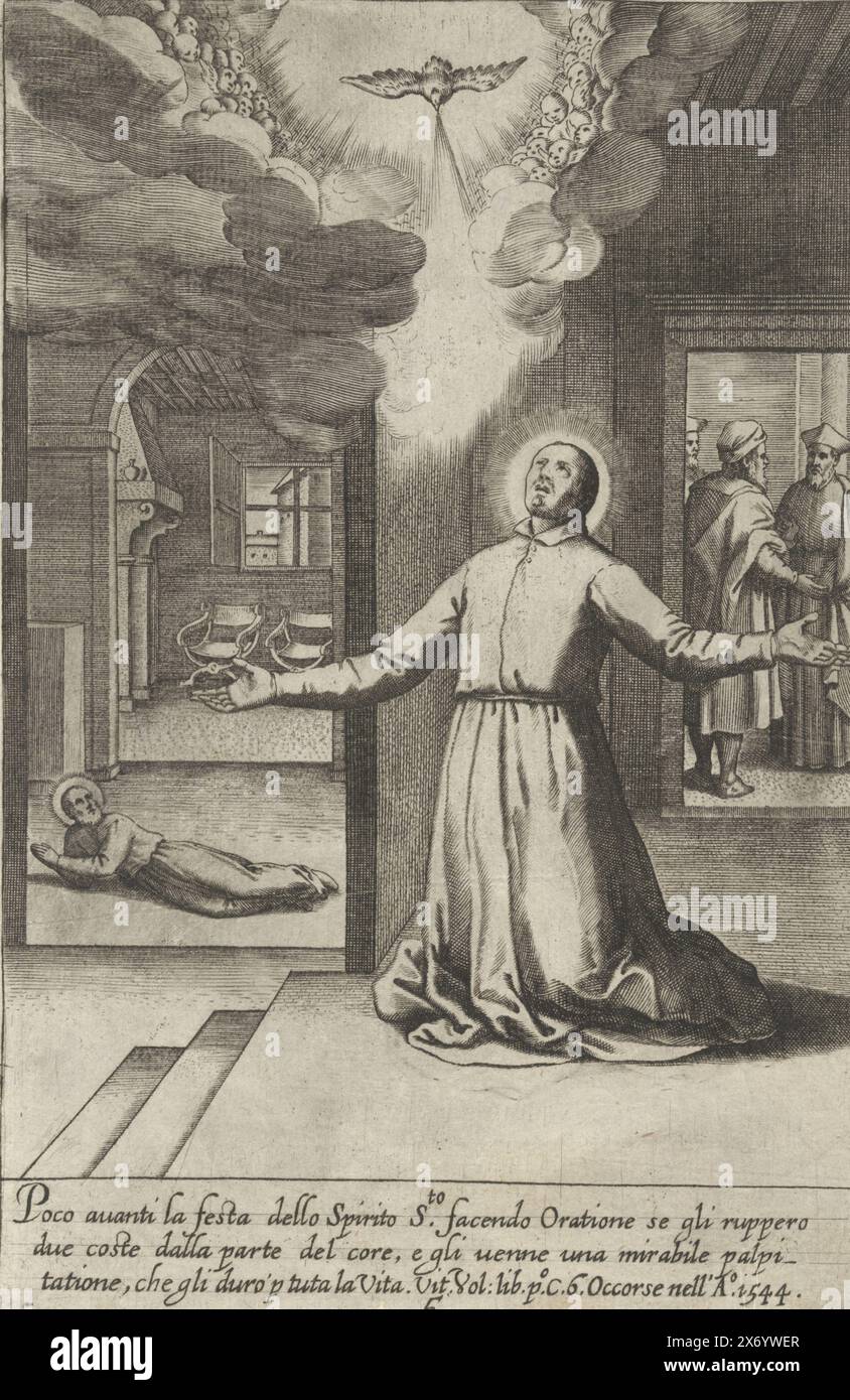 Filippo Neri rompe due costole mentre prega, vita di San Filippo Neri (titolo della collana), Filippo Neri rompe due costole mentre prega, sente Filippo Neri che batte per il resto della sua vita (1544). Filippo Neri si inginocchia sul pavimento davanti allo Spirito Santo sotto forma di colomba. Stampa n. 5 in una serie di 44 stampe con scene della vita di San Filippo Neri., stampa, tipografo: Luca Ciamberlano, su disegno di: Jacques Stella, Roma, 1630 - 1641, carta, incisione, altezza c. 228 mm x larghezza c. 150 mm Foto Stock