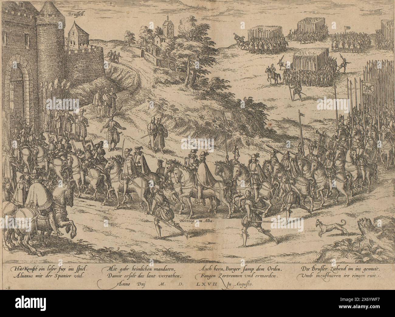 Arrivo del Duca di Alva a Bruxelles, 1567, serie 5: Dutch Events, 1566-1570 (titolo della serie), arrivo del Duca di Alva a Bruxelles, 22 agosto 1567. Alva arriva a cavallo con il suo esercito alla porta della città. Con didascalia di 8 righe in tedesco. Numerato: 8. La stampa fa parte di un album., stampa, stampatore: Frans Hogenberg, Colonia, 1567 - 1570, carta, incisione, altezza, 211 mm x larghezza, 283 mm Foto Stock