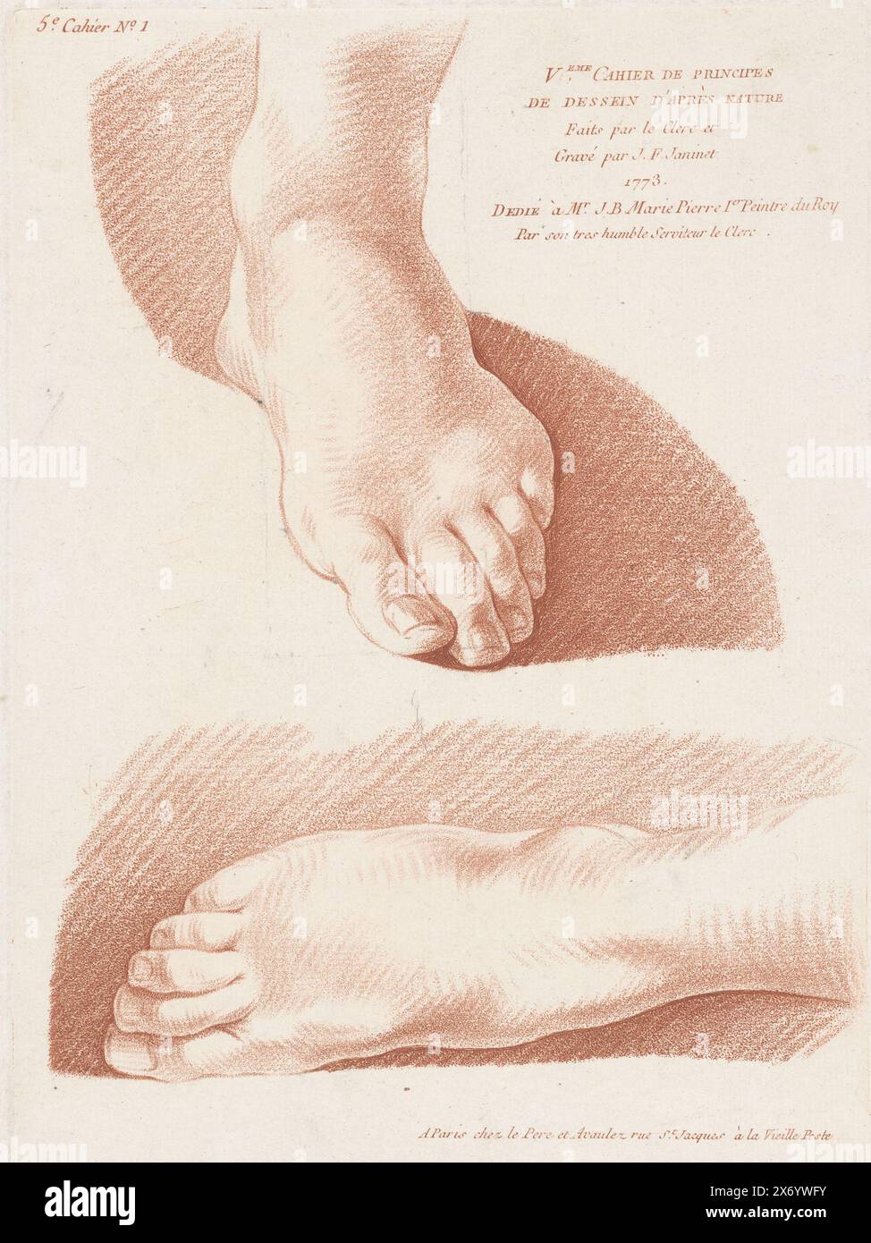 Stampa del titolo con due piedi, composizioni con parti del corpo umano (titolo della collana), V.eme Cahier deprinciples dessein d'après nature (titolo della collana su oggetto), stampa, tipografo: Jean Francois Janinet, (menzionato sull'oggetto), dopo disegno di: Pierre Thomas le Clerc, (menzionato sull'oggetto), editore: Charles le Père & Pierre-Michel Avaulez, (menzionato sull'oggetto), tipografo: Francia, editore: Parigi, 1773, carta, altezza, 290 mm x larghezza, 213 mm Foto Stock