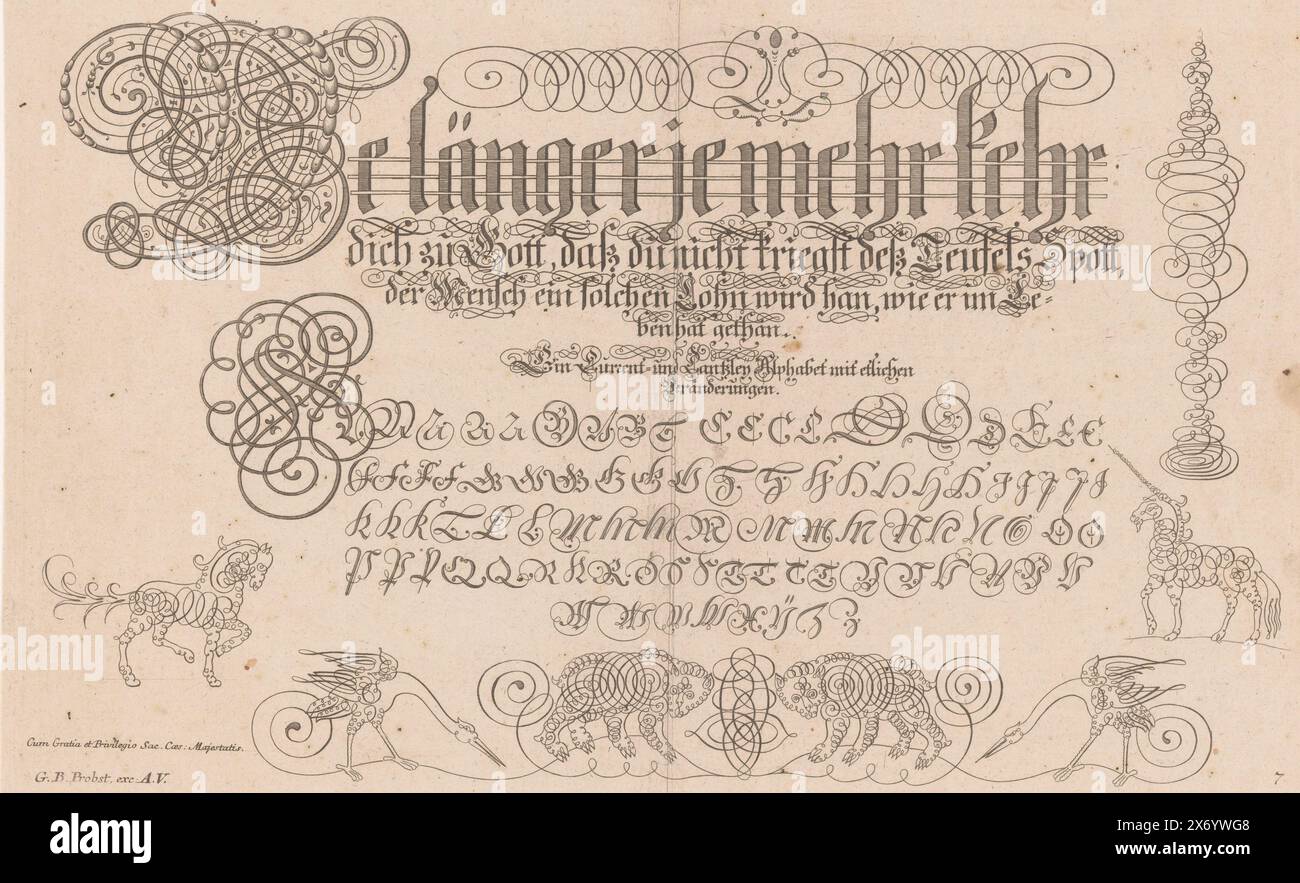 Calligrafia e animali, esempi di calligrafia (titolo della serie), alfabeto calligrafico e testo calligrafico: Sarai felice con esso (...) vari animali in stile calligrafico in basso., stampa, stampatore: Johann Jacob Losenauer, editore: Georg Balthasar Probst, (menzionato sull'oggetto), Keizerlijk hof, (menzionato sull'oggetto), stampatore: Stoccarda, editore: Augsburg, 1766 - 1790, carta, incisione, altezza, 262 mm x larghezza, 429 mm Foto Stock
