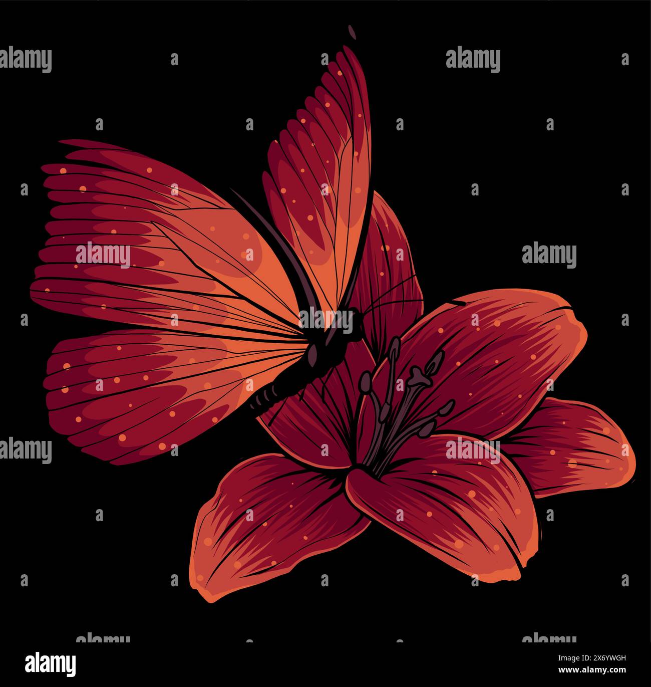 Illustrazione vettoriale di Fiore con farfalla su sfondo nero Illustrazione Vettoriale