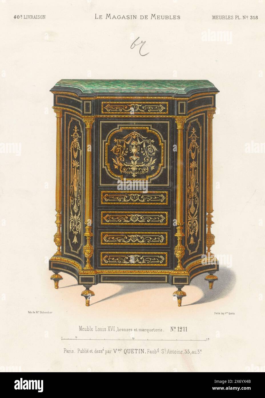 Mobile Luigi XVI, bronzi e marcherie (titolo sull'oggetto), le Magasin de Meubles, Meubles (titolo della serie sull'oggetto), Un armadio basso con cassetti in stile Luigi XVI. Print from 40th Livraison., print, print maker: Anonimo, su disegno di: Victor Joseph Quétin, (menzionato sull'oggetto), tipografo: Victor Joseph Quétin, (menzionato sull'oggetto), Parigi, 1832 - 1877, carta, altezza, 362 mm x larghezza, 273 mm Foto Stock