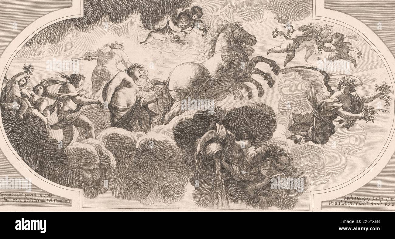 Carro di Apollo, stampa, stampatore: Michel Dorigny, (menzionato sull'oggetto), dopo aver dipinto: Simon Vouet, (menzionato sull'oggetto), Lodewijk XIII (koning van Frankrijk), (menzionato sull'oggetto), Francia, 1638, carta, incisione, incisione, altezza, 266 mm x larghezza, 505 mm Foto Stock