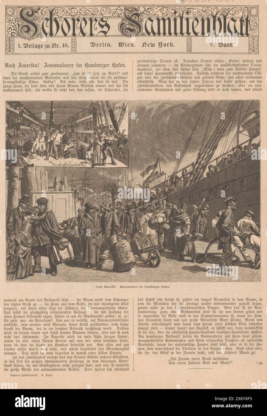 Pagina da 'Schorers Familienblatt', con una foto della partenza degli immigrati tedeschi verso l'America nel porto di Amburgo, Schorers Familienblatt, Nach Amerika! Auswanderer im Hamburger hafen (titolo sull'oggetto), con testo tedesco su verso., stampa, stampatore: Richard Bong, (menzionato sull'oggetto), editore: J.H. Schorer, (menzionato sull'oggetto), Berlino, 1884, carta, incisione legno, stampa tipografica, altezza, 200 mm x larghezza, 140 mm Foto Stock