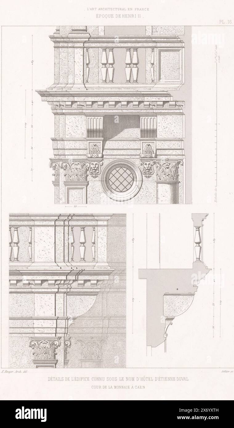 Dettagli architettonici dell'Hotel de la Monnaie, détails de l'édifice connu sous le nom d'hotel d'etienne duval cour de la Monnaie à caen (titolo sull'oggetto), architettura in Francia sotto Enrico II (titolo della serie), l'ART Architectural en France, epoque de Henri II (titolo della serie), disegni dettagliati di elementi architettonici dell'edificio noto come 'Hotel de la Monnaie'., stampa, stampatore: Francesco Noël Sellier, (menzionato sull'oggetto), su disegno di: Eugène Rouyer, (menzionato sull'oggetto), stampatore: Drouart, (menzionato sull'oggetto), Parigi, 1866 - 1867, carta, altezza, 360 mm x larghezza, 271 mm Foto Stock