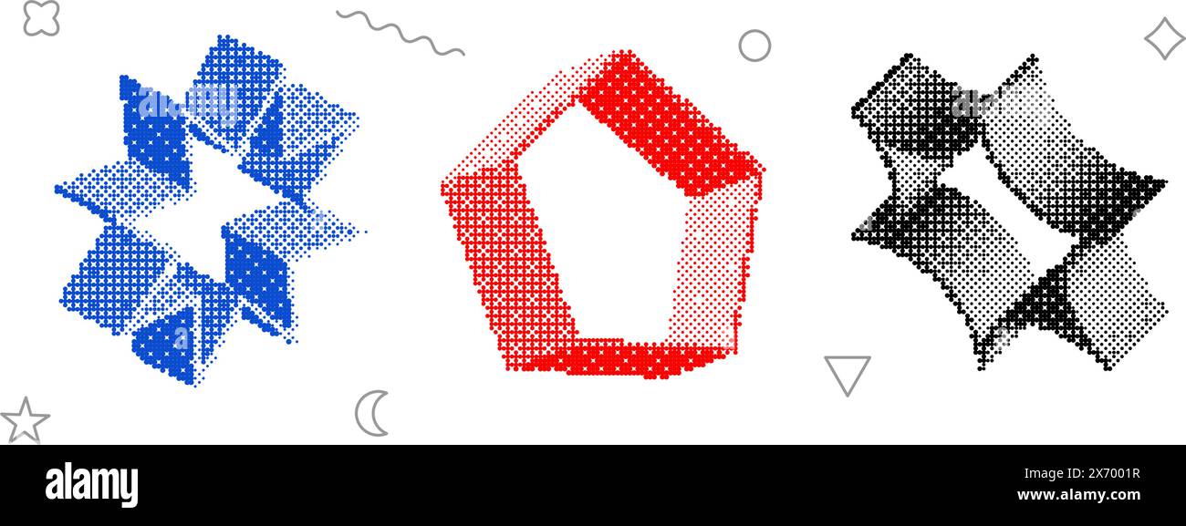 Set di forme con trama bitmap. Collezione di oggetti mezzitoni con retinatura blu, rosso, nero. stella 3d, scintillio, elementi del pentagono per banner, poster, opuscolo. Bundle effetto raster pixel astratto. Pacchetto vettoriale Illustrazione Vettoriale