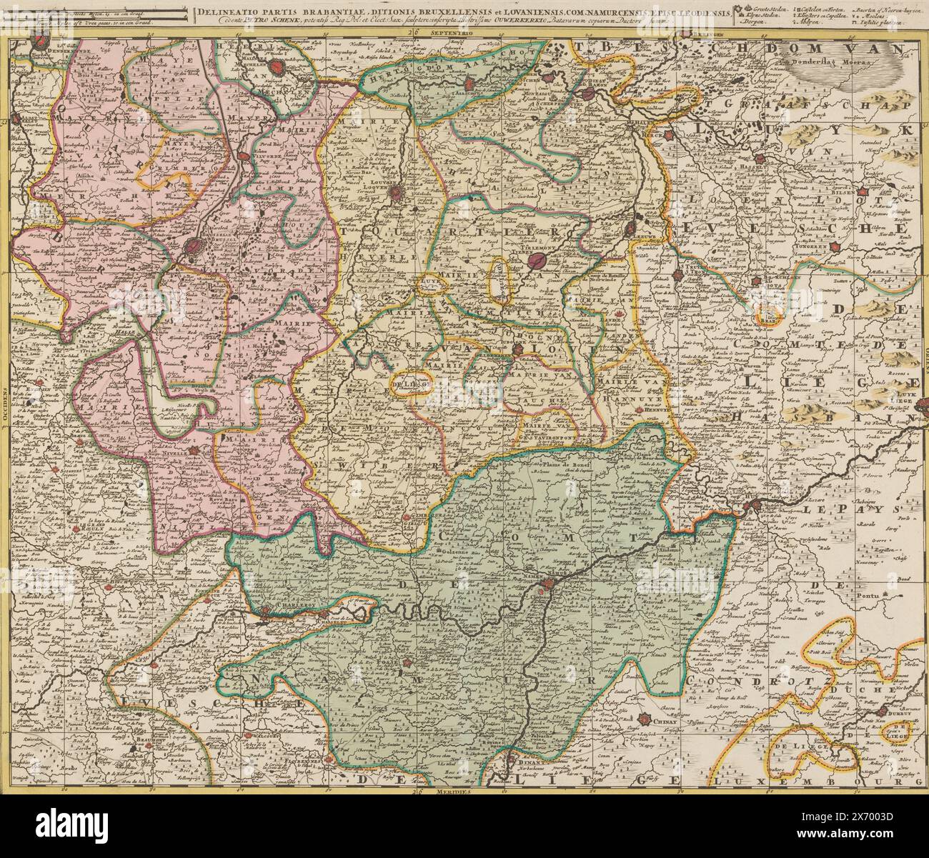 Mappa di Brabante, Delineatio partis Brabantiae, Ditionis Bruxellensis et Lovaniensis, com Namurcensis, epico. Leodiensis (titolo sull'oggetto), tipografo: Pieter Schenk (i), (menzionato sull'oggetto), 1670 - 1711, carta, incisione, altezza, 490 mm x larghezza, 580 mm Foto Stock