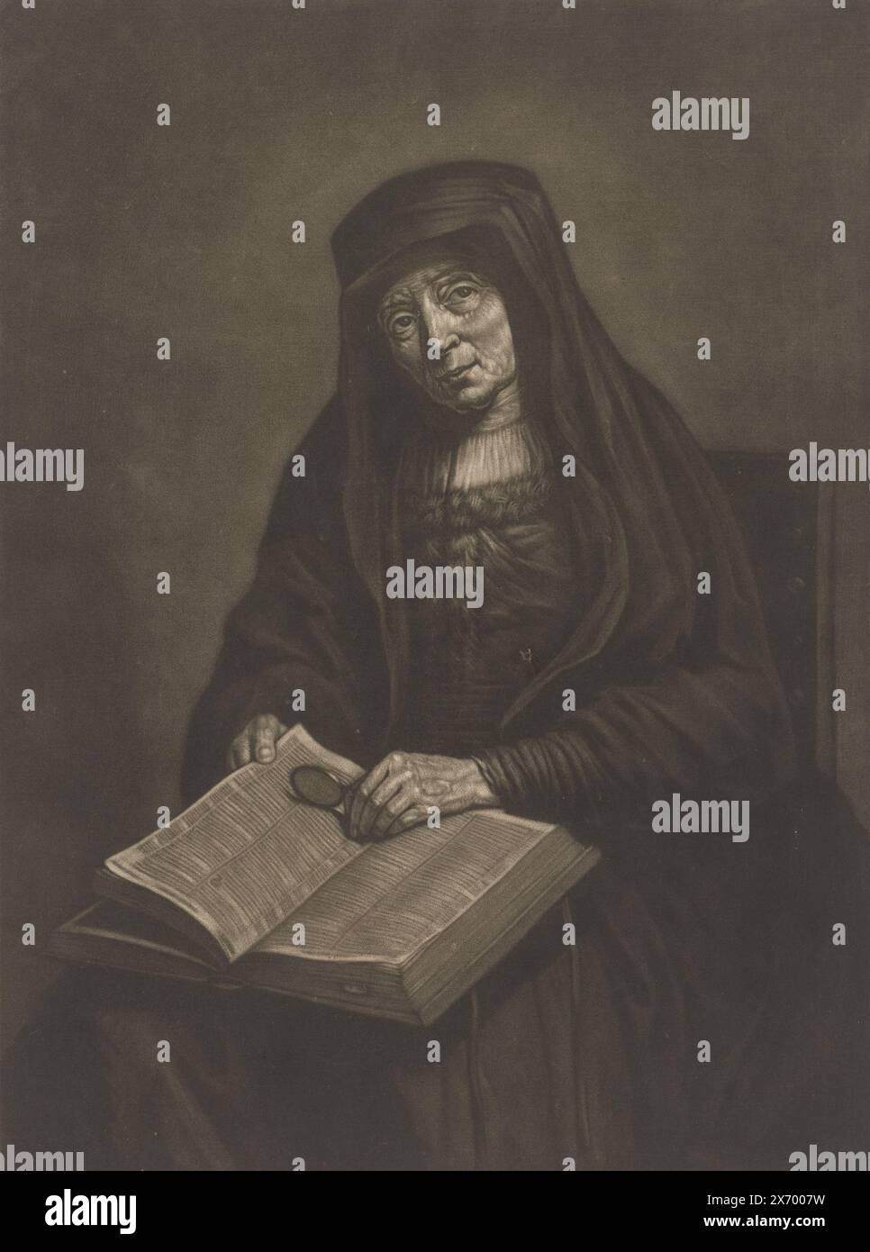 Vecchia donna con la Bibbia in grembo, forse la madre di Rembrandt, stampa, tipografo: Pieter Louw, dopo aver dipinto di: Rembrandt van Rijn, (forse), 1735 - 1800, carta, altezza, 352 mm x larghezza, 240 mm Foto Stock