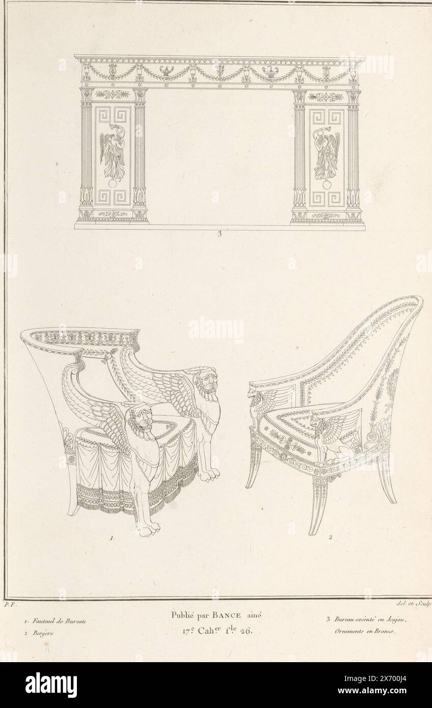 Scrivania e sedie, stampa ornamentale con una scrivania e due sedie. Parte (17e. CAH.er f.le 26) dell'album stampato con due serie di un totale di 138 stampe ornamentali di Beauvallet e Normand, 'Fragmens d'Ornemens dans le Style Antique'., stamperia: Sconosciuto, (menzionato sull'oggetto), editore: Jacques-Louis Bance, (menzionato sull'oggetto), Parigi, 1820, carta, incisione Foto Stock