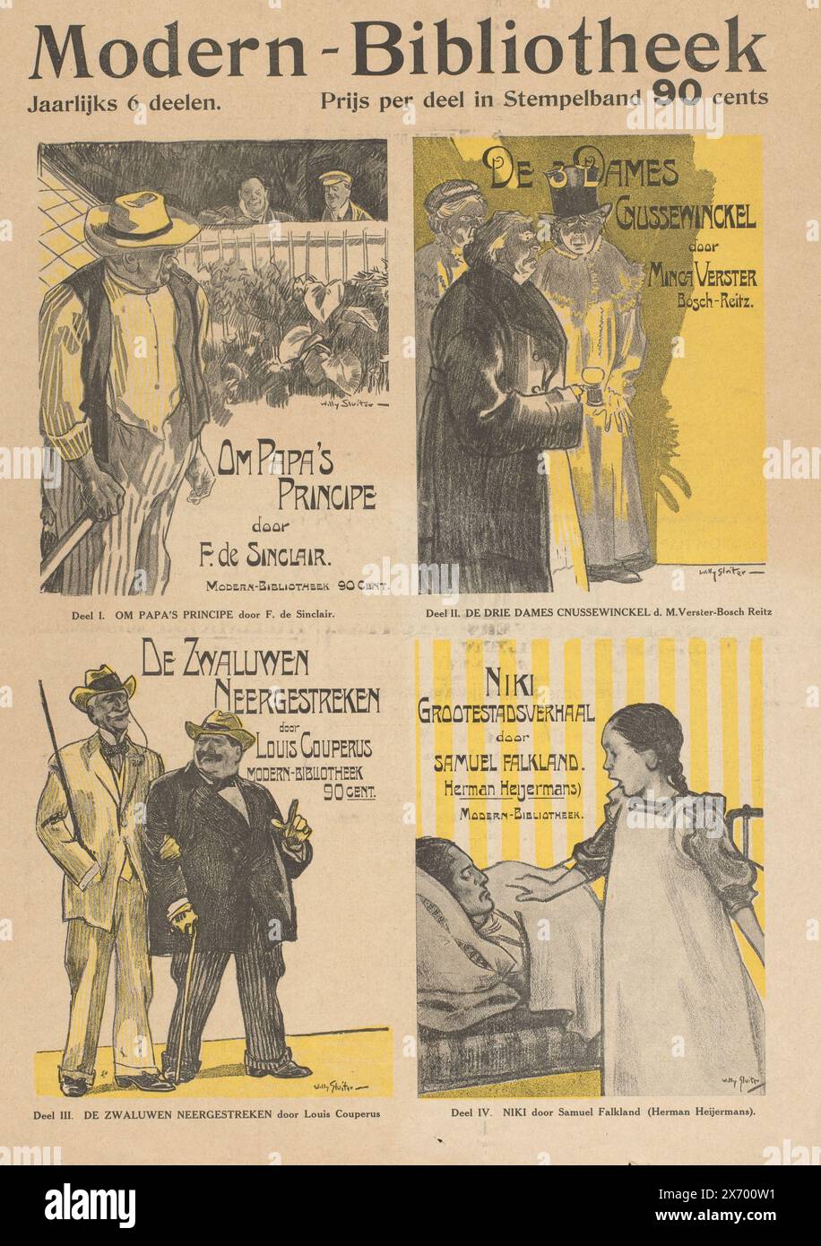 Fattura pubblicitaria per quattro edizioni della Modern Library, Modern Library 6 parti all'anno. Prezzo per volume in rilegatura timbrata 90 centesimi (titolo sull'oggetto), poster con immagini di quattro copertine di libri., stampa, tipografo: Willy Sluiter, (menzionato sull'oggetto), editore: Van Holkema & Warendorf, Amsterdam, 1911, carta, stampa letteraria, altezza, 439 mm x larghezza, 319 mm Foto Stock