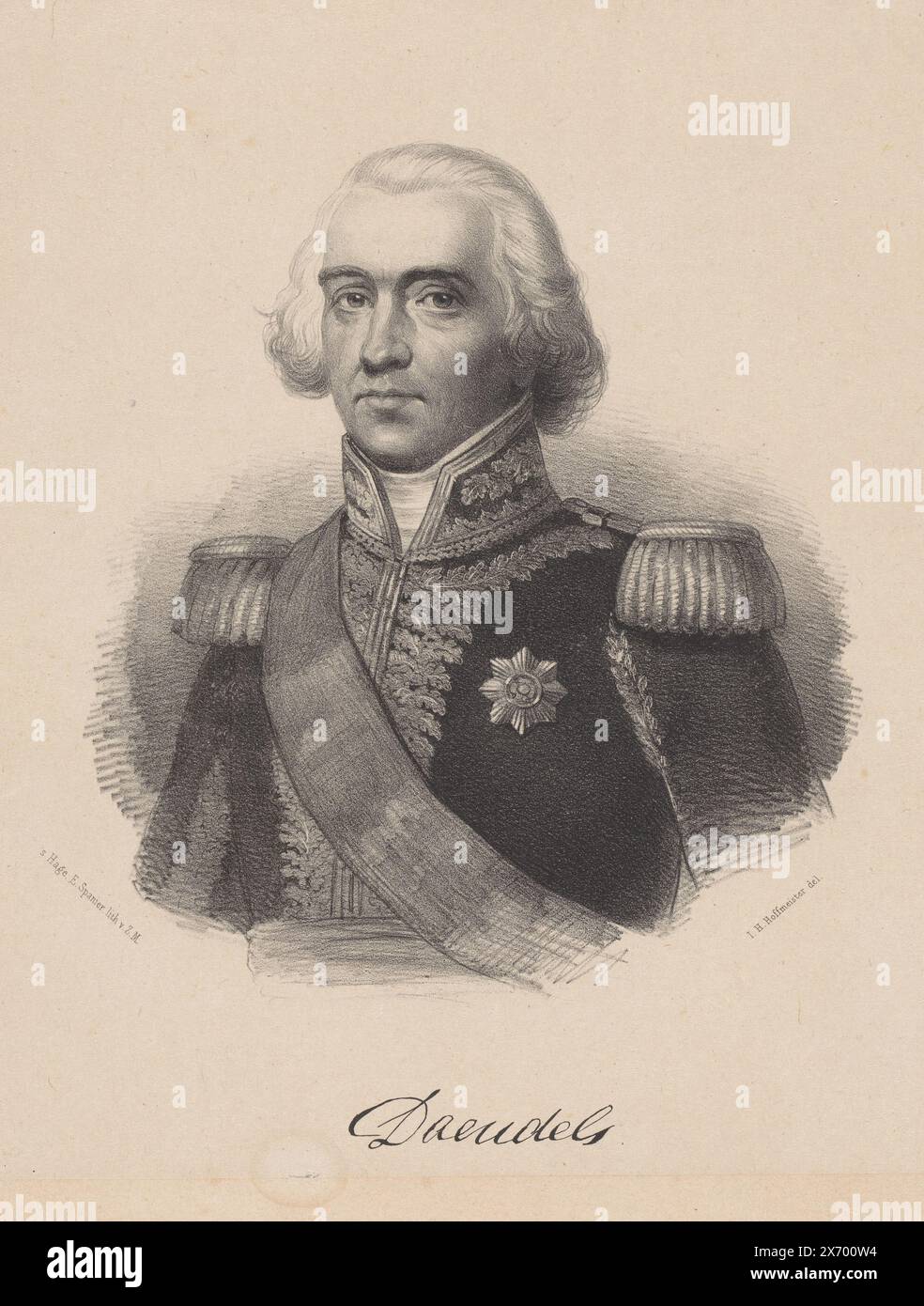 Ritratto di Herman Willem Daendels, Daendels (titolo sull'oggetto), stampa, tipografo: Johan Hendrik Hoffmeister, (menzionato sull'oggetto), tipografo: Elias Spanier, (menzionato sull'oggetto), l'Aia, 1851 - 1863, carta, altezza, 359 mm x larghezza, 300 mm Foto Stock