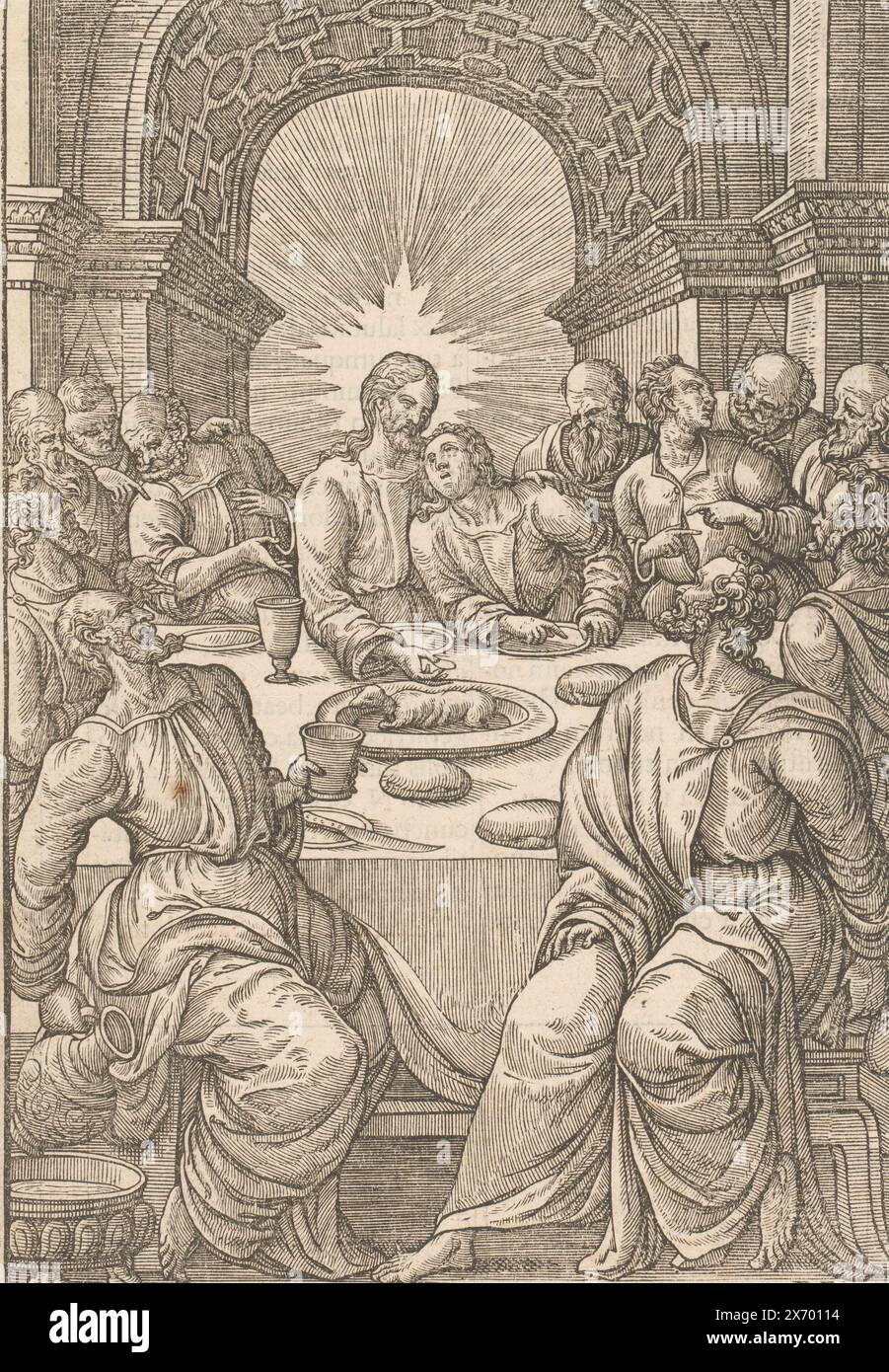 Ultima cena, Cristo siede tra i suoi discepoli durante l'ultima cena. Johannes giace contro il petto. Judas tiene la borsa di pezzi d'argento dietro la schiena., stampa, stampatore: Anonimo, stampatore: Antoni van Leest, (attribuzione rifiutata), su disegno di: Pieter van der Borcht (i), (menzionato sull'oggetto), Anversa, 1620, carta, stampa con carta intestata, altezza, 316 mm x larghezza, 218 mm Foto Stock