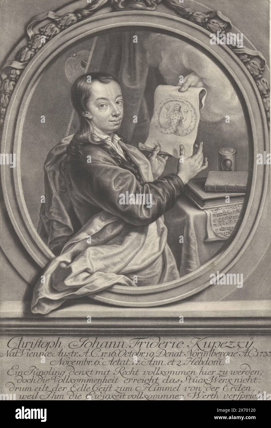 Ritratto di Christoph (cristiano) Johann Friedrich Kupecký, ritratto ovale di Christoph Johann Friedrich Kupecký, figlio di Johann Kupecký che morì giovane. Possiede un'immagine simbolica nelle sue mani, e alcuni libri, spartiti e una clessidra sul tavolo., stampa, stampatore: Bernhard Vogel, su disegno di: Jan Kupecký, Augusta, 1733, carta, altezza, 352 mm x larghezza, 239 mm Foto Stock