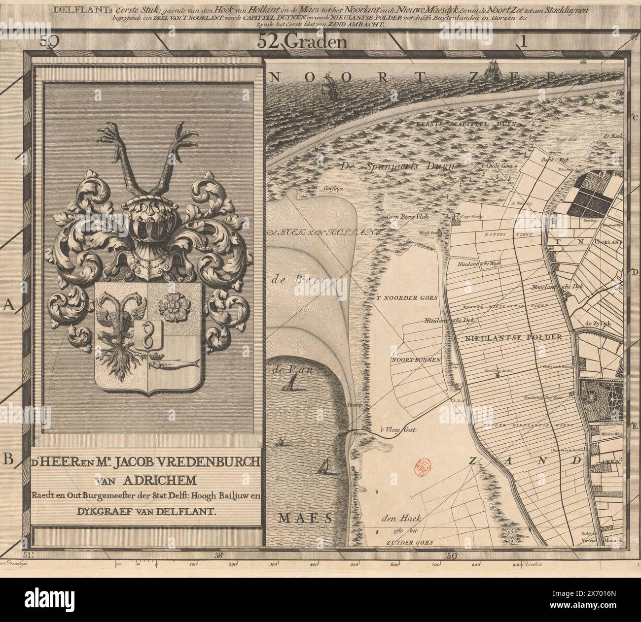 Mappa del Delfland Water Board (prima parte), T Hooge Heemraedschap di Delflant con tutte le città, villaggi, artigianato, campi, polder, blocchi, borghi, quartieri, fattorie, case, frutteti, tuynen, campi, luyzen, corsi d'acqua, vlieten, spiagge, dune, dighe, banchine, mulini, ponti, laghi, dobbens, corsi d'acqua, ecc. situato lì, mappato a piedi, ao: MDCCXII, 'T Hooge Heemraedschap van Delflant, prima parte di una mappa del Delfland Water Board composta da venticinque da condividere., stampatore: Luggert van Anse, stampatore: Thomas Doesburgh, stampatore: Jacobus Deur, stampa Foto Stock