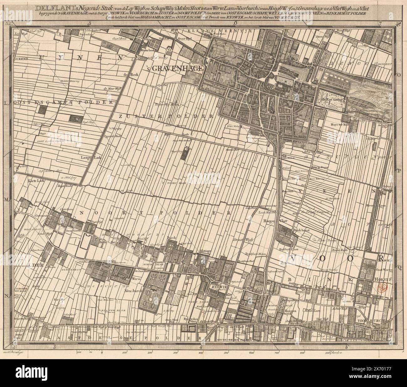 Mappa del Delfland Water Board (nona parte), T Hooge Heemraedschap di Delflant con tutte le città, villaggi, artigianato, campi, polder, blocchi, borghi, quartieri, fattorie, case, frutteti, tuynen, campi, luyzen, corsi d'acqua, vlieten, spiagge, dune, dighe, banchine, mulini, ponti, laghi, dobbens, corsi d'acqua, ecc. situato lì, mappato a piedi, ao: MDCCXII, 'T Hooge Heemraedschap van Delflant, nona parte di una mappa del Delfland Water Board composta da venticinque da condividere., stampatore: Luggert van Anse, stampatore: Thomas Doesburgh, stampatore: Jacobus Deur, Delft Foto Stock