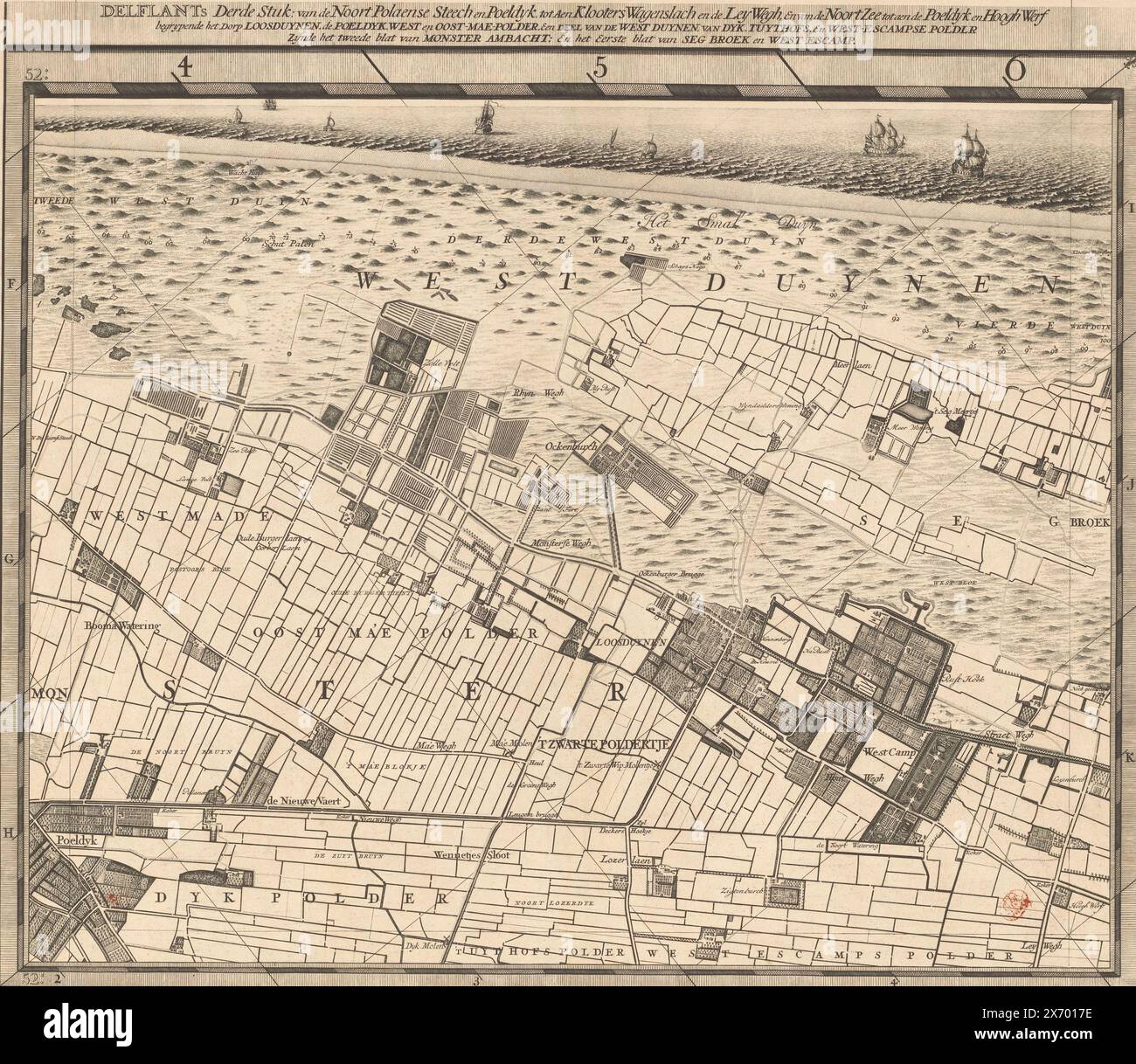 Mappa del Delfland Water Board (terza parte), T Hooge Heemraedschap di Delflant con tutte le città, villaggi, artigianato, campi, polder, blocchi, borghi, quartieri, fattorie, case, frutteti, tuynen, campi, luyzen, corsi d'acqua, vlieten, spiagge, dune, dighe, banchine, mulini, ponti, laghi, dobbens, corsi d'acqua, ecc. situato lì, mappato a piedi, ao: MDCCXII, 'T Hooge Heemraedschap van Delflant, terza parte di una mappa del Delfland Water Board composta da venticinque da condividere., stampatore: Luggert van Anse, stampatore: Thomas Doesburgh, stampatore: Jacobus Deur, stampa Foto Stock