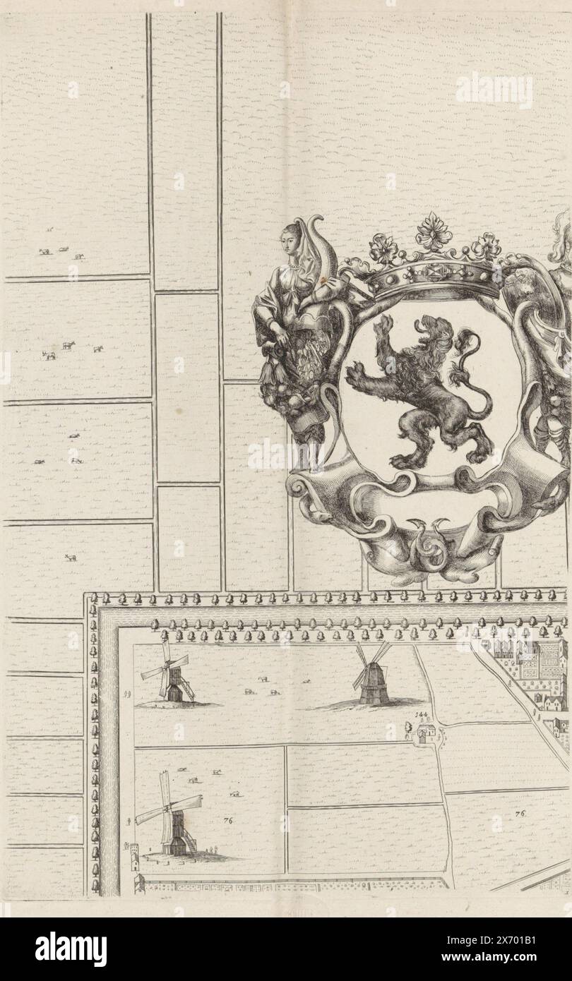 Mappa dell'Aia (prima parte), Mappa della mappa figurativa dell'Aia (prima parte), prima parte della mappa dell'Aia. A destra lo stemma dell'Olanda con a sinistra una personificazione femminile con il corno di abbondanza. Numerato in basso a destra: 1., stampatore: Cornelis Elandts, editore: Nicolaes Visscher (II), Cornelis Elandts, stampatore: L'Aia, editore: Amsterdam, l'Aia, Amsterdam, 1665 - 1667 e/o 1681 - 1682, carta, incisione, altezza c. 548 mm x larghezza c. 651 mm Foto Stock