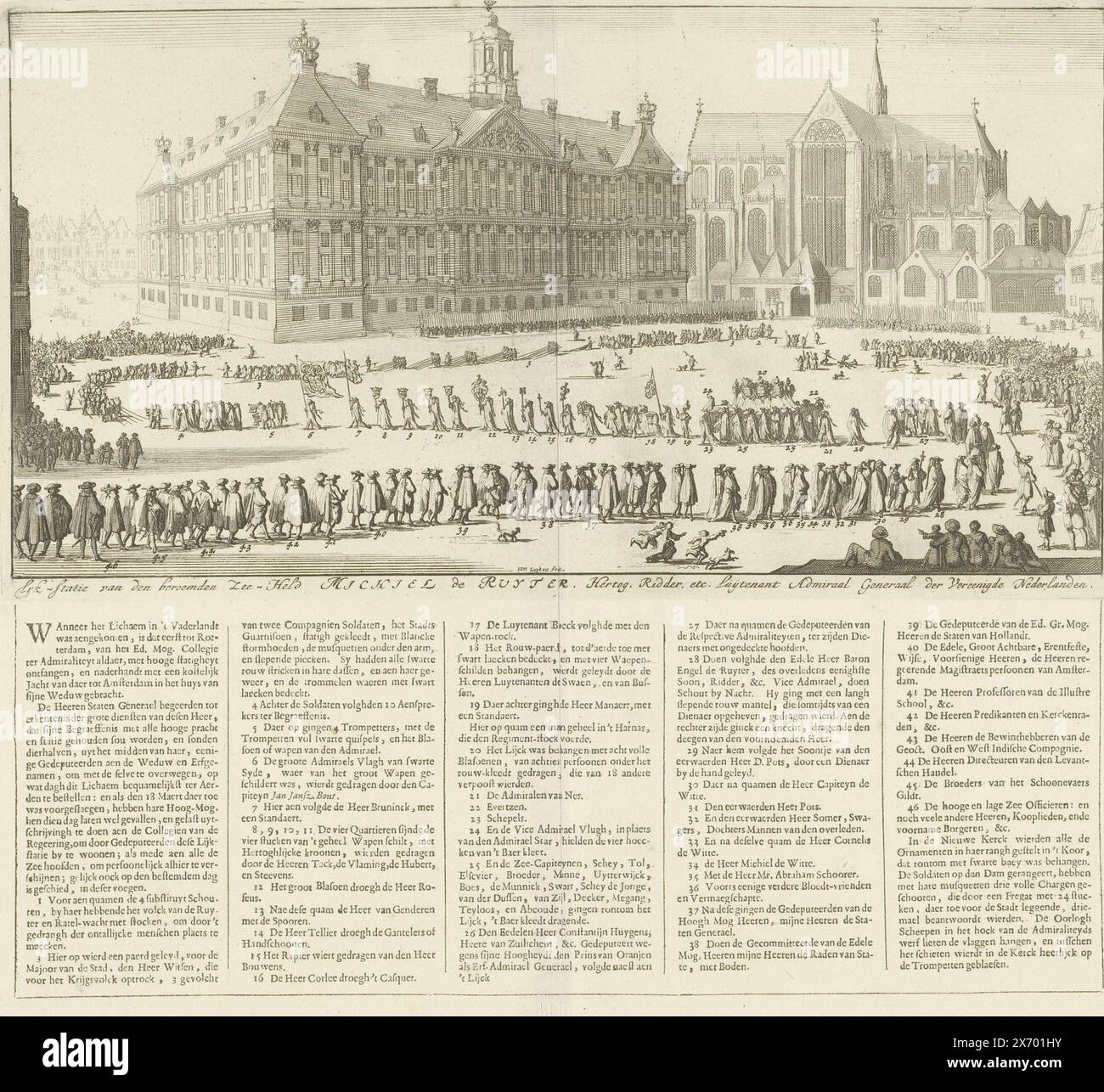 Processione funebre di Michiel de Ruyter, 1677, Lyk-station del famoso eroe navale Michiel de Ruyter, duca, cavaliere ecc.. Tenente ammiraglio generale dei Paesi Bassi Uniti (titolo sull'oggetto), la processione funebre di Michiel de Ruyter ad Amsterdam il 18 marzo 1677 la processione attraversa Piazza Dam, passando per il municipio fino al Nieuwe Kerk. Sotto la performance il titolo. Di seguito è riportata una spiegazione e la leggenda 1-46 in cinque colonne in letterpress., stampa, stampatore: Jan Luyken, (menzionato sull'oggetto), editore: Jan Claesz Ten Hoorn, editore: Jan Bouman, Amsterdam, 1685, carta Foto Stock