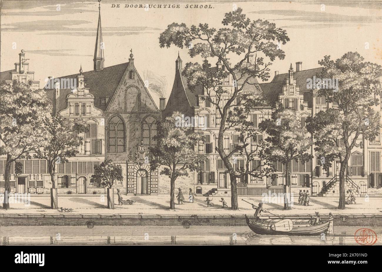 Veduta dell'Athenaeum illustre di Amsterdam, della Glorious School (titolo sull'oggetto), veduta dell'Athenaeum illustre, il predecessore dell'Università di Amsterdam, sull'Oudezijds Voorburgwal di Amsterdam. Questa istituzione educativa è stata fondata nel 1631 e si trova nell'Agnietenkapel. Un certo numero di cifre per strada. Una barca nell'acqua., stampa, stampatore: Jacob van Meurs, (possibilmente), editore: Jacob van Meurs, (possibilmente), editore: Joachim Nosche, (possibilmente), Amsterdam, 1663 - 1664, carta, incisione, altezza, 191 mm x larghezza, 296 mm Foto Stock