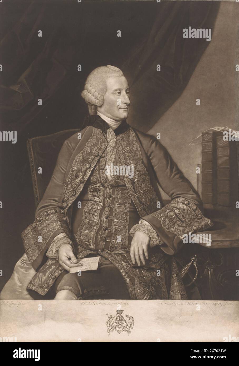 Ritratto di John Montagu, stampa, tipografo: Valentine Green, (menzionato sull'oggetto), dopo la pittura di: Johann Zoffany, (menzionato sull'oggetto), editore: Valentine Green, (menzionato sull'oggetto), 1774, carta, incisione, altezza, 502 mm x larghezza, 352 mm Foto Stock