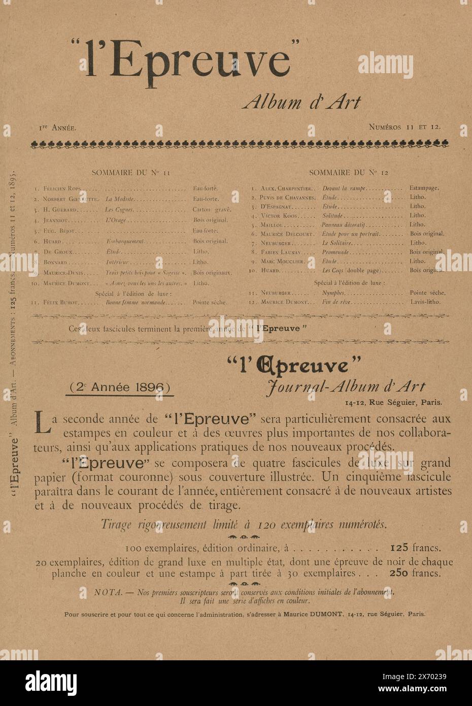 Magazine l'Epreuve, la rivista l'Epreuve apparve mensilmente dal dicembre 1894 al dicembre 1895 e si concentrò sull'arte e la letteratura. In questo caso, due edizioni sono incluse in un unico numero, l'undicesima e la dodicesima edizione. La rivista ha pubblicato un album per numero con dieci stampe originali di artisti famosi. La prima pagina di questo doppio numero contiene due elenchi di dieci nomi di artisti e il loro contributo, oltre a stampe extra per l'edizione deluxe. La rivista pubblicizza principalmente l'imminente secondo volume del 1896, che non è mai decollato., stampa, editore: L'Epreuve, (citato in Foto Stock