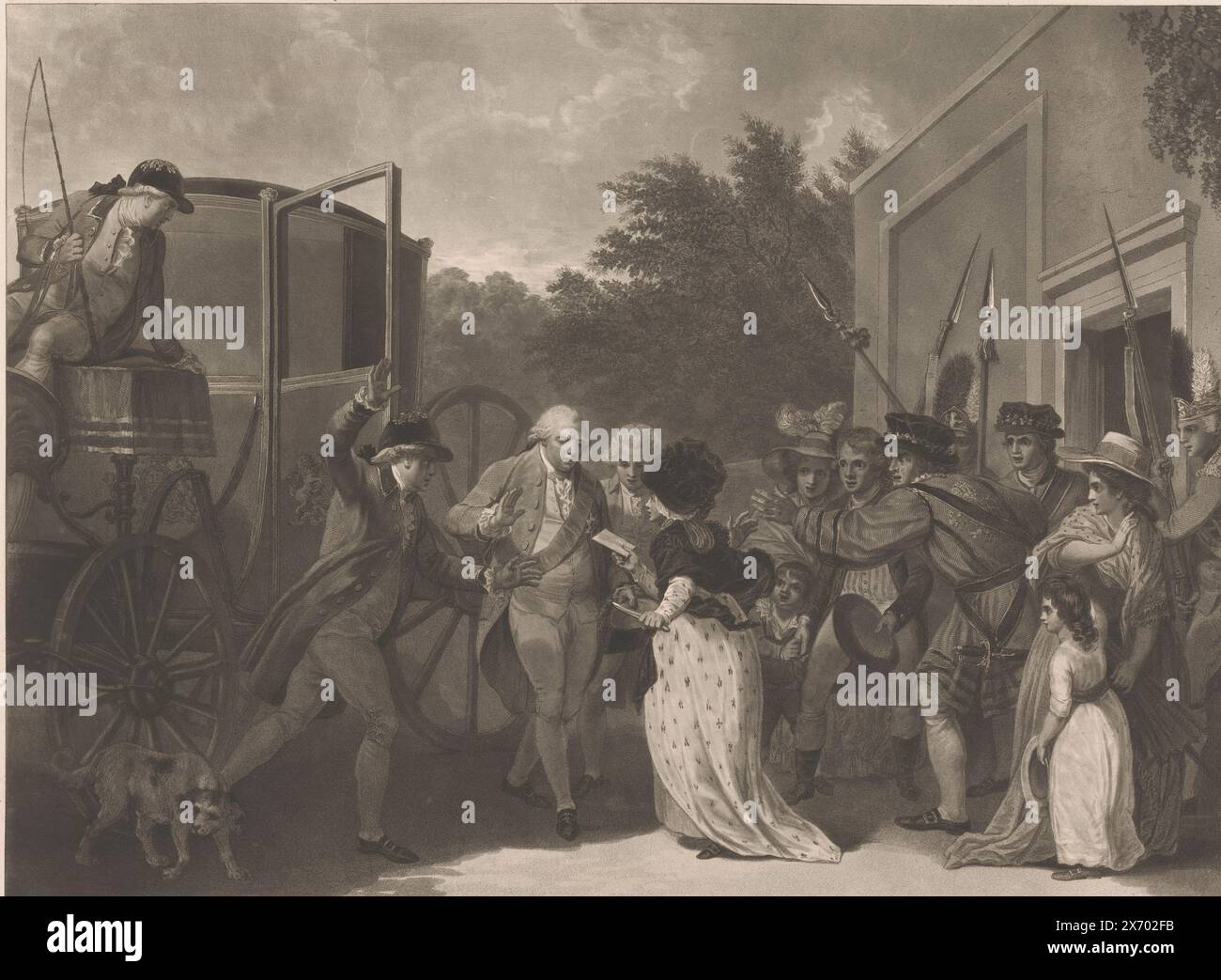 Tentativo di assassinare il re, il tentativo di assassinare il re (titolo sull'oggetto), testo in inglese nel margine inferiore. Margaret Nicholson tentò di assassinare re Giorgio III nel 1786, con il pretesto di presentare una petizione., stampa, stampatore: Robert Pollard (i), (menzionato sull'oggetto), stampatore: Francis Jukes, (menzionato sull'oggetto), dopo aver dipinto: Robert Smirke, (menzionato sull'oggetto), Londra, 1786, carta, incisione, incisione, altezza, 445 mm x larghezza, 558 mm Foto Stock