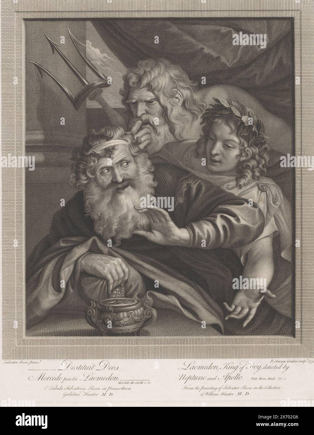 Laomedon, re di Troia, scoperto da Nettuno e Apollo, testo in latino e inglese nel margine inferiore., stampa, stampatore: Robert Strange, (menzionato sull'oggetto), dopo aver dipinto di: Salvator Rosa, (menzionato sull'oggetto), Londra, 1775, carta, incisione, incisione, altezza, 445 mm x larghezza, 356 mm Foto Stock
