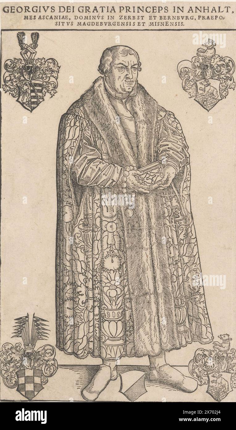 Ritratto di Giorgio III Principe di Anhalt-Dessau, stampa, stampatore: Anonimo, su disegno di: Lucas Cranach (II), 1525 - 1586, carta, altezza, 248 mm x larghezza, 159 mm Foto Stock