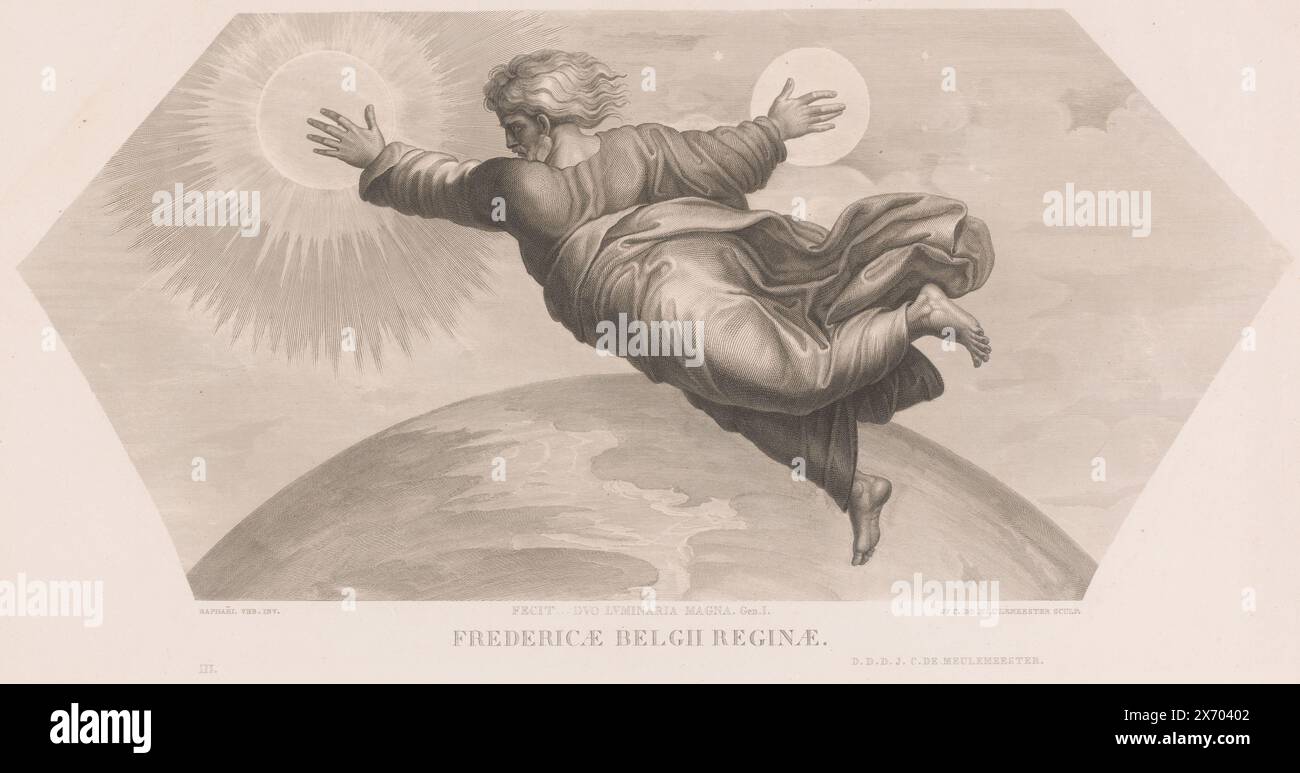 Dio crea il sole e la luna, Fecit duo luminaria magna. gene. I. Fredericae Belgii reginae (titolo sull'oggetto), Les loges de Raphaël (...) sujets de la bible (titolo della serie), scene bibliche dalle logge di Raffaello (titolo della serie), stampa, tipografo: Jozef Karel De Meulemeester, (menzionato sull'oggetto), dopo aver dipinto di: Rafaël, (menzionato sull'oggetto), 1819, carta, incisione, incisione, altezza, 302 mm x larghezza, 566 mm Foto Stock