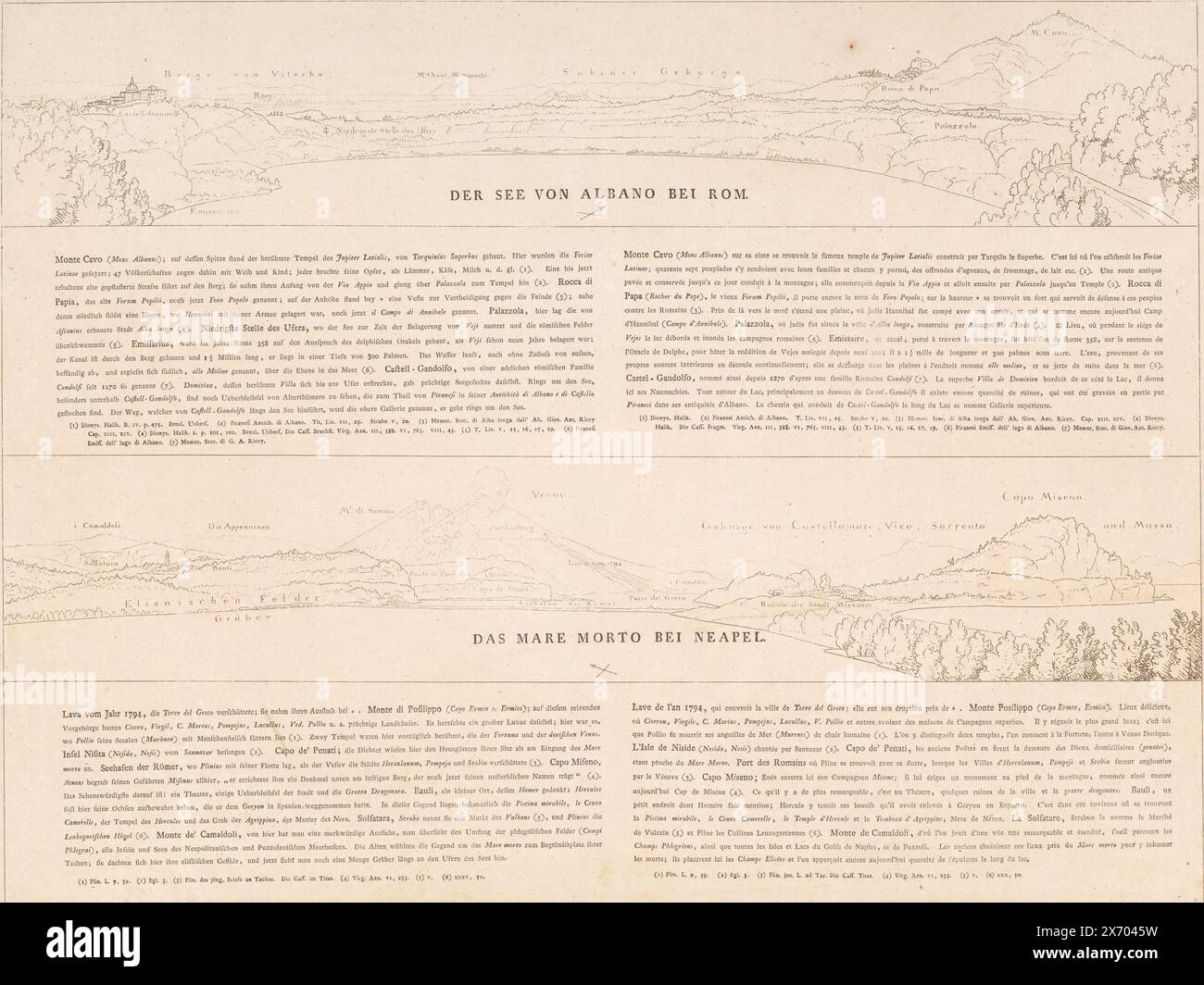 Foglio di testo con vista sul Lago Albano e sul Mare morto. Le viste schematiche elencano i punti più importanti. Sotto le facce potete leggere le informazioni sui laghi in ampio testo., stampa, stampatore: Wilhelm Friedrich Gmelin, (possibilmente), 1770 - 1820, carta, incisione, altezza, 427 mm x larghezza, 562 mm Foto Stock